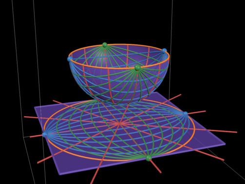 3D illustration of the perspective grid on the hemisphere projected to a plane below it with the equidistant azimuthal projection.
