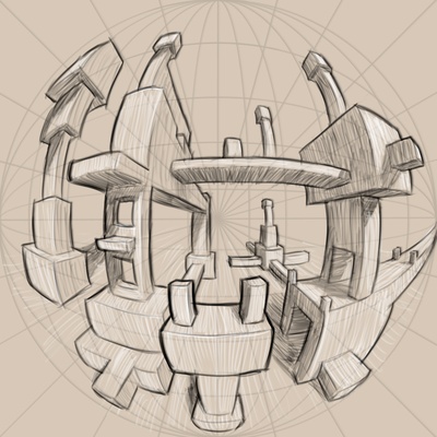 Digital drawing of blocky structures in five-point perspective.