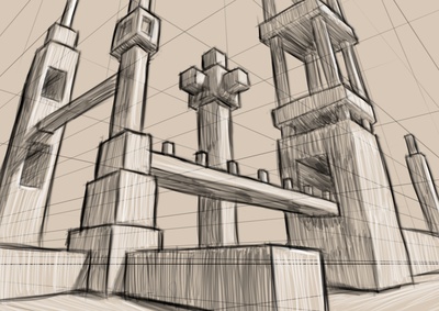 Digital drawing of blocky structures in three-point perspective.