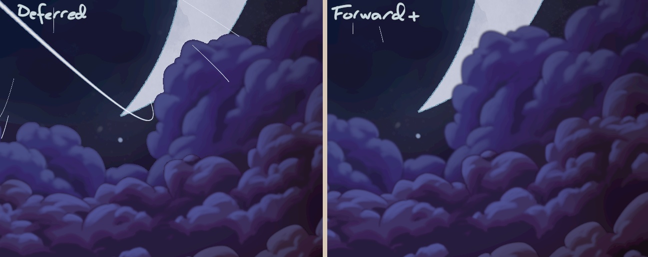 Side by side comparison of the blurred edge of a cloud. The left side, labeled "deferred", has a dark edge surrounding the blur, while the other, labeled "forward+", blends smoothly into the background.