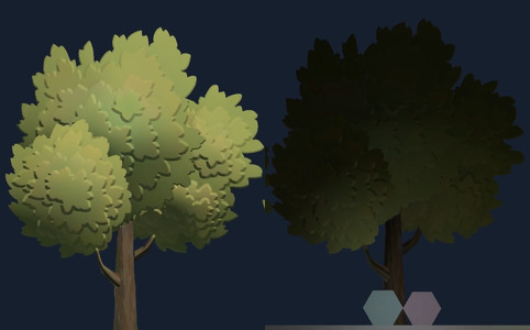 Two pictures of the same stylized tree, one lit from above with sunlight and one lit from below with weaker colored lights.