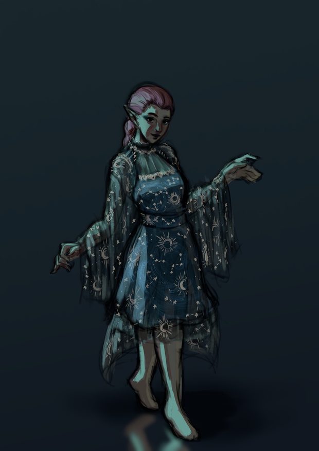 Digital sketch of Miriel, a red-haired elf, wearing a blue dress with golden star and moon patterns. The dress comes with a translucent gauze shawl with gold lace trims and more of the night sky motif embroidered on in gold. She's walking in some kind of dark void and lit from above with a stark blue light.