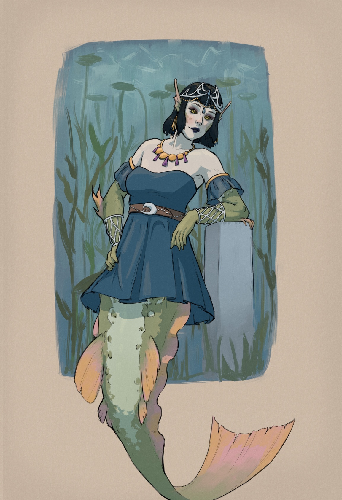 Aava wearing a strapless dress with the same jewelry and makeup as before.