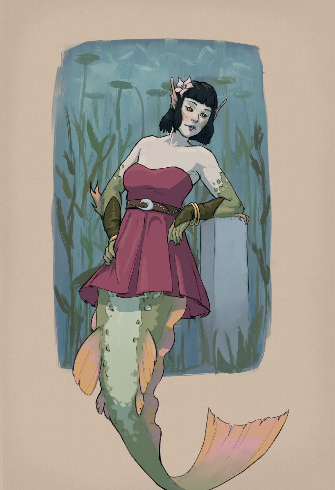 Aava wearing the same dress as before but colored pink instead of blue, with less jewelry and makeup.