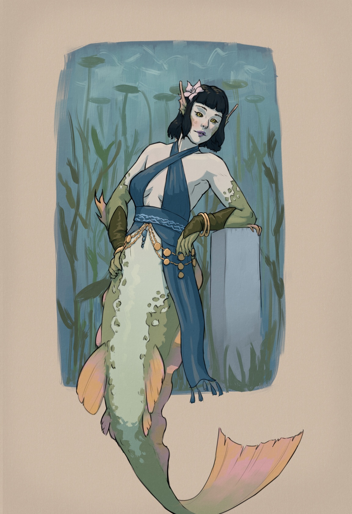 Aava wearing the same halter top as before but colored blue instead of pink, with bracers covering the forearms, a flower in her hair, and less jewelry and makeup.