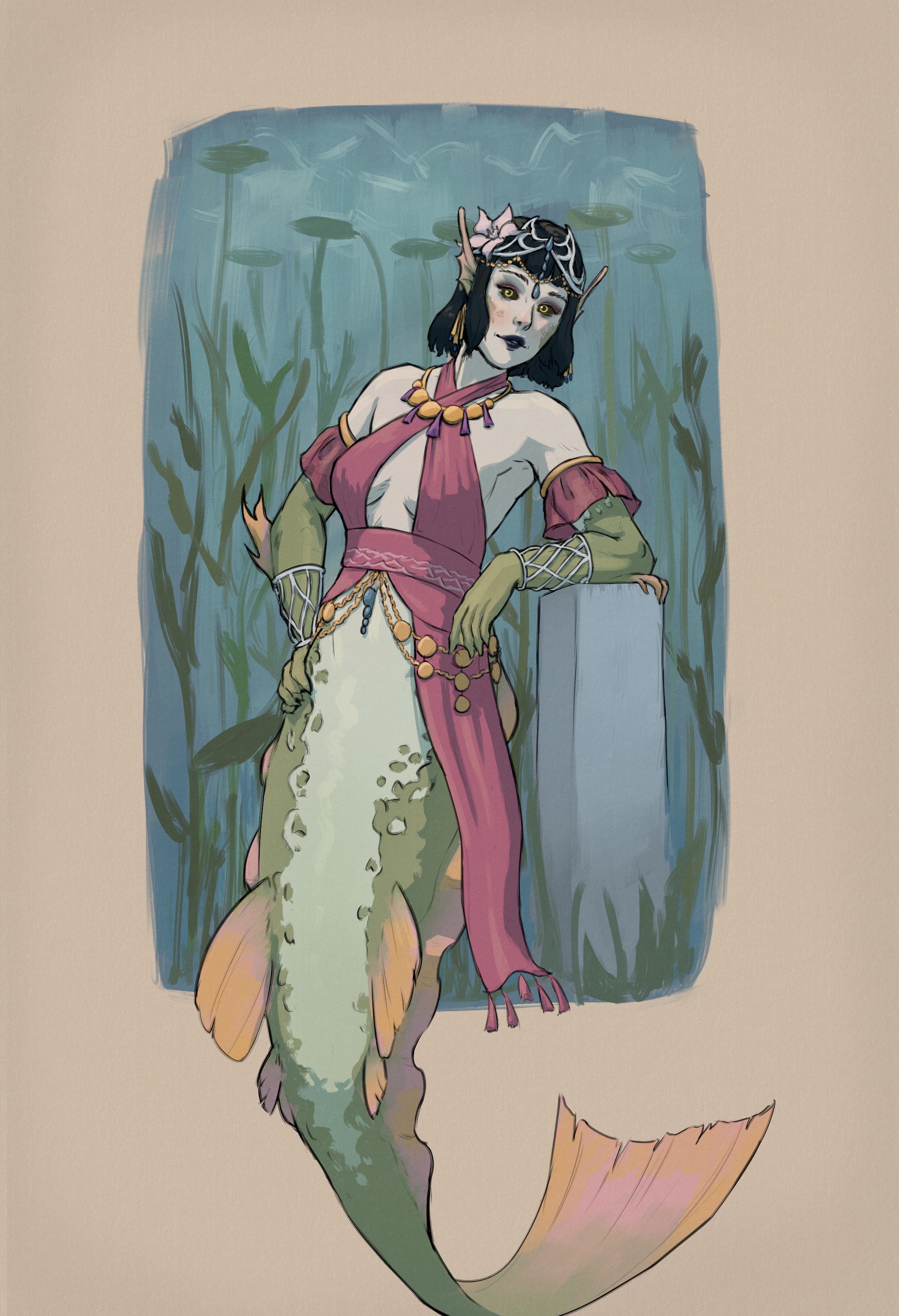Digital drawing of a mermaid wearing a skimpy halter top with an embroidered belt around the waist and chains of jewelry hanging off it. She also wears various other jewelry around the arms and the head and heavy smoky-eye makeup. Her body is colored with drab greens and grays, evoking some kind of Nordic freshwater fish.