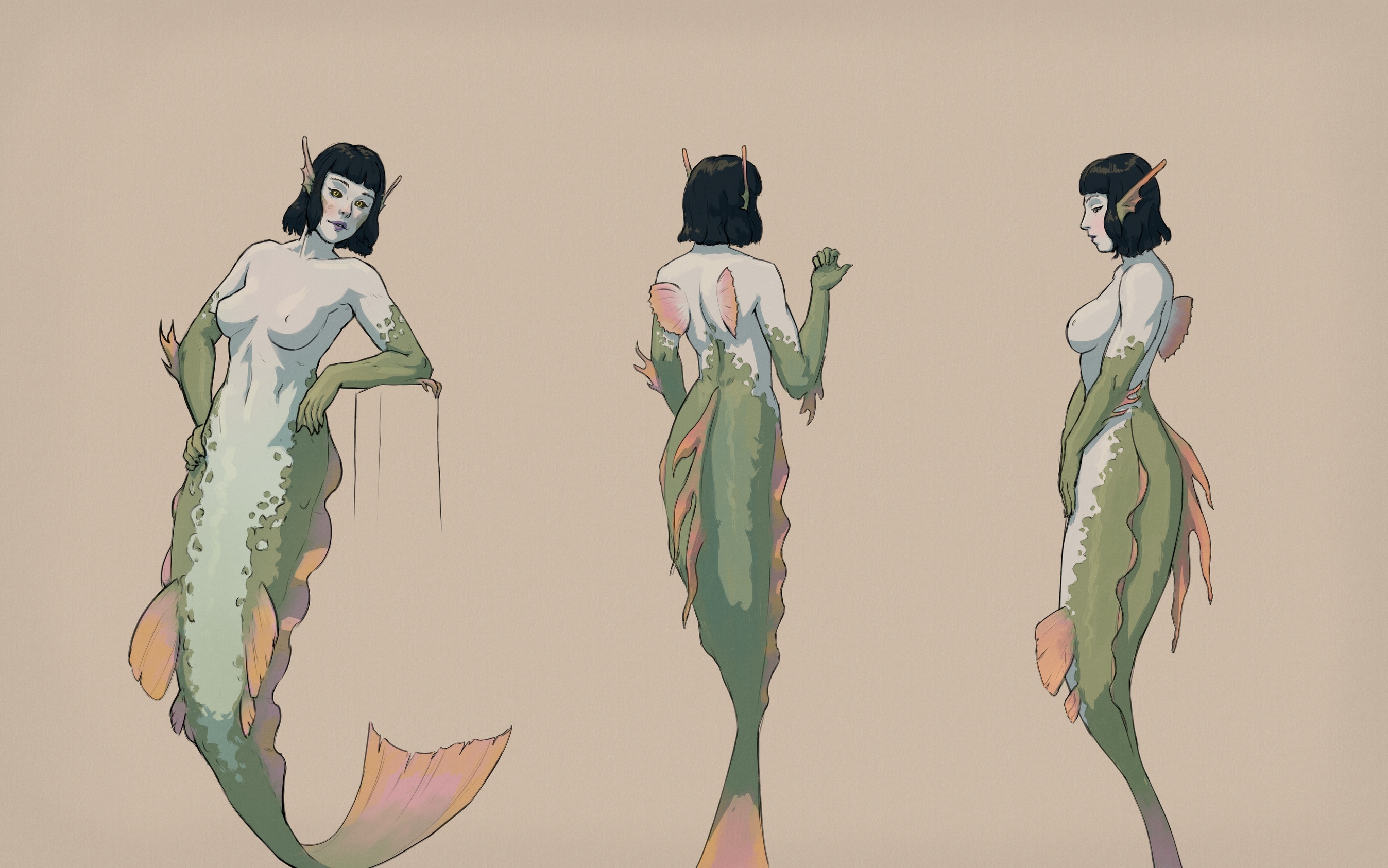 Naked version of the above image of Aava, along with two more views from the side and the back displaying the fins on her back.