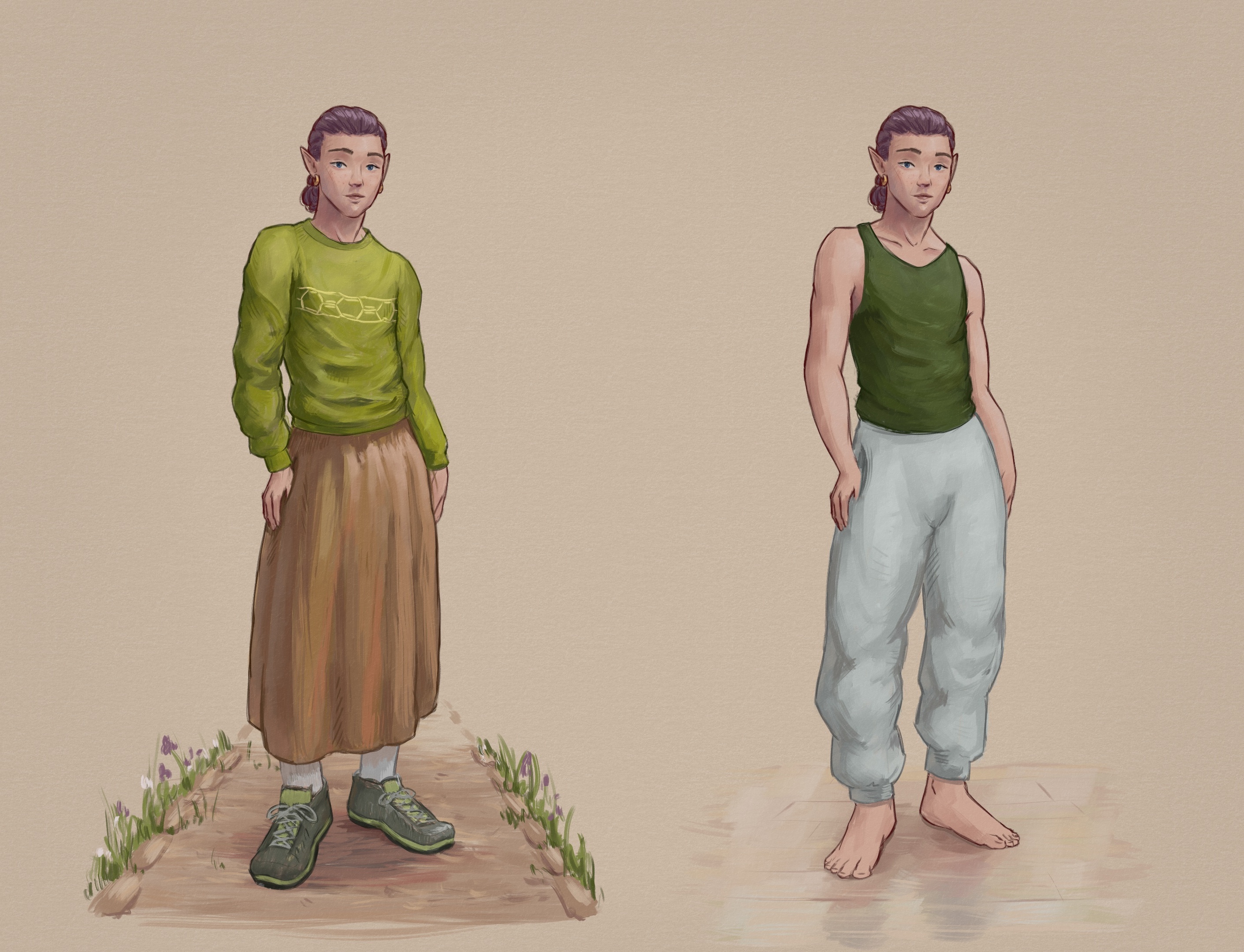 Digital sketch of a male-presenting elf with long purple hair tied into a bun. There are two versions wearing different outfits. In the first he's standing on a gravel path wearing a long-sleeve sweater, an ankle-length skirt, socks, and sneakers. In the second he's barefoot on a shiny hardwood floor wearing a tank top and sweatpants.