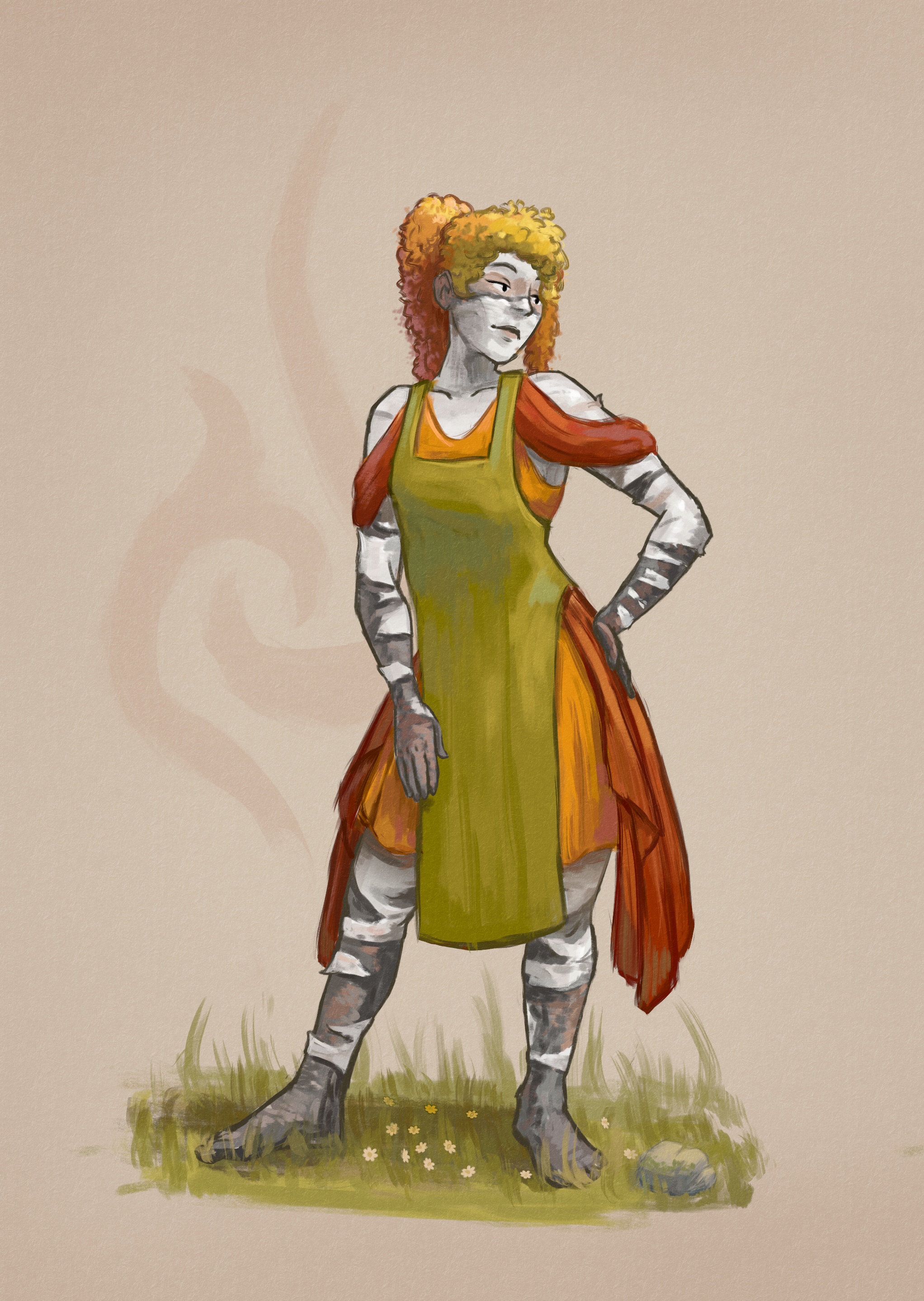 Digital painting of a feminine figure whose skin looks like birch bark and hair falls in curls that resemble the drooping leaves of a birch tree. She wears a green apron on top of an orange dress with red decorative drapery at the hem and shoulders.