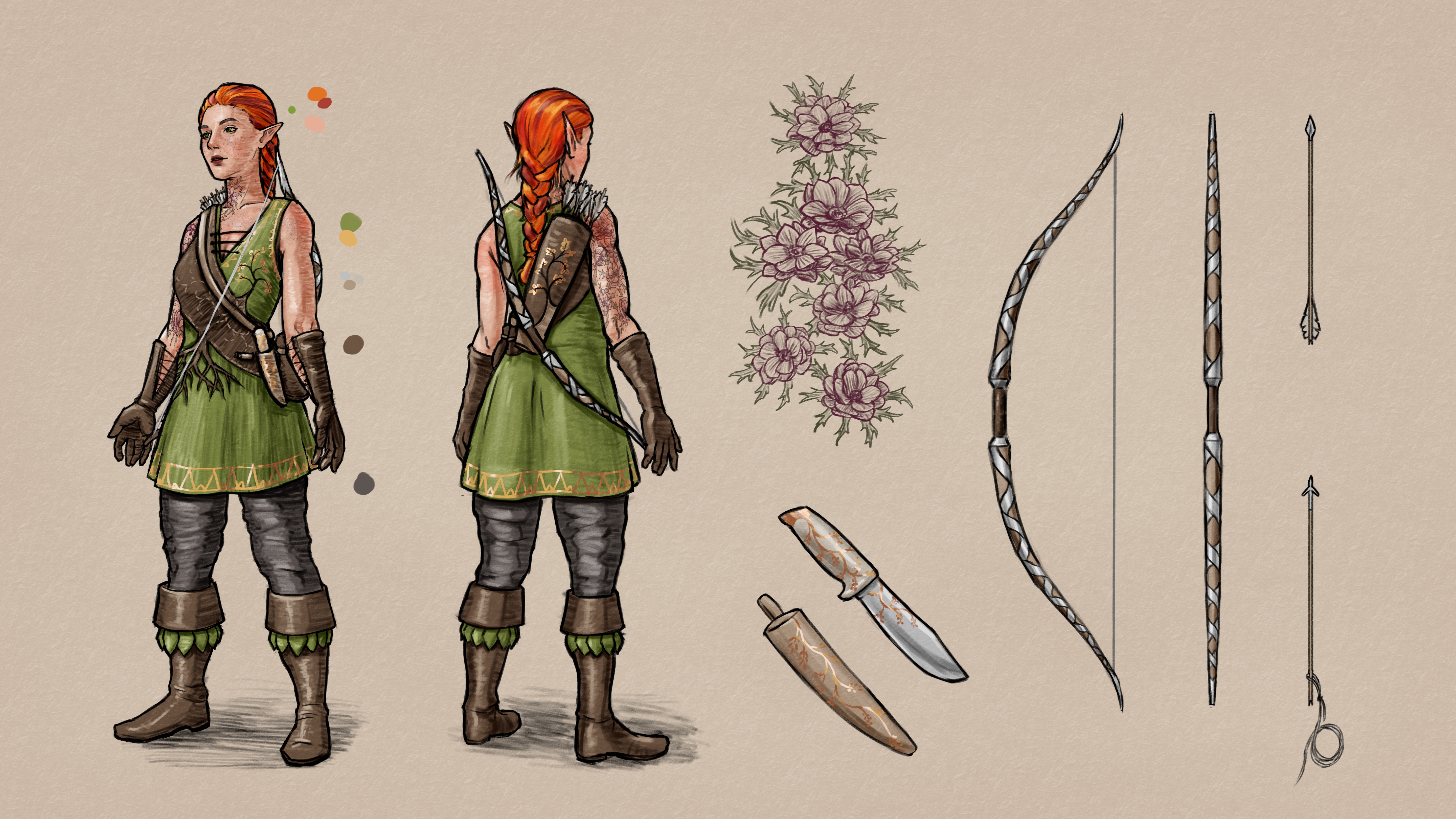 Miriel, a red-haired elven woman, wearing her hunting/fishing gear: a green tunic with leather reinforcements on the chest and hooks for equipment on the waist, dark gray linen pants, leather boots and gloves, and a bow and quiver on her back. She has a sleeve tattoo of purple anemone flowers reaching up to her neck. Next to her are more detailed drawings of her bow, knife, and tattoo.
