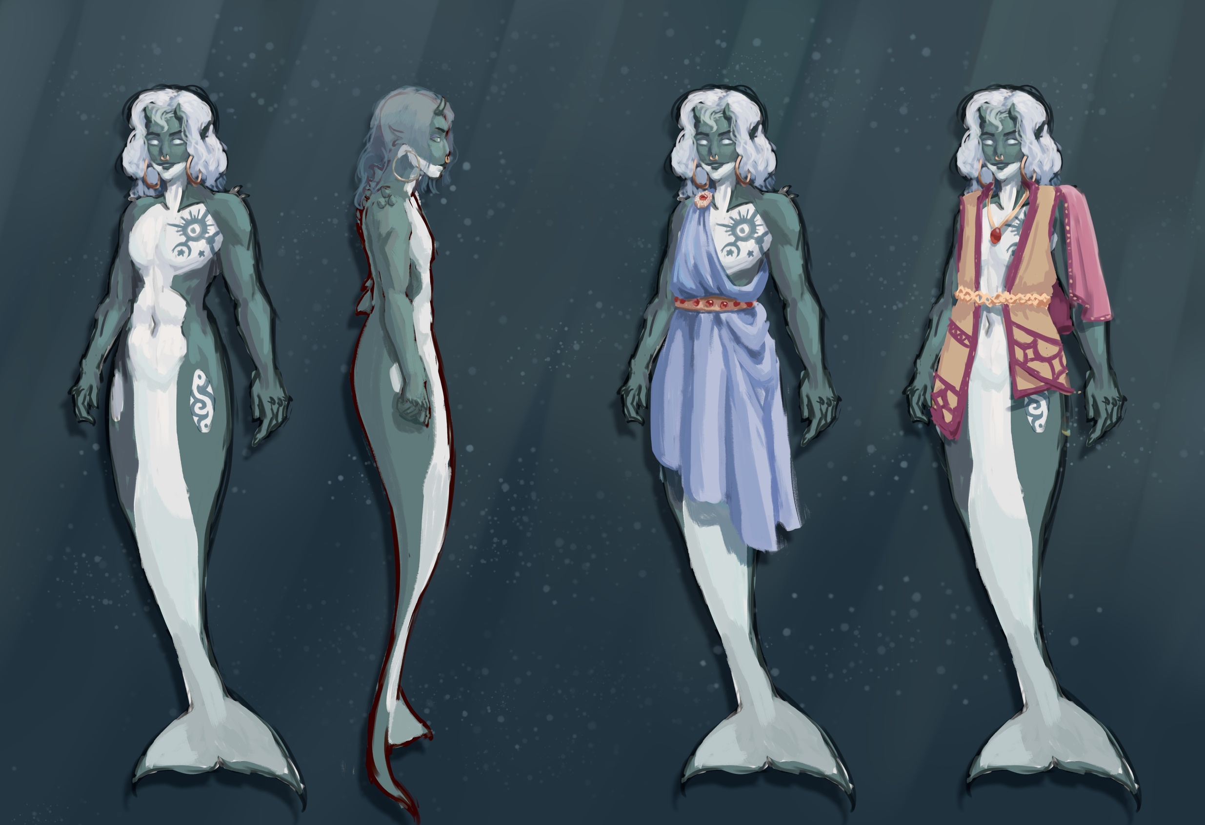 Design sketch of a merman loosely styled after an orca, with a white stripe over the front from jaw to tail and dark teal for the rest of the skin. He has tattoos on the chest and hip that match the color of his darker skin. Also featured are two outfit designs, one a loose Roman-style chiton with gold and ruby ornaments, the other a vest with asymmetric patterns and a gold belt.
