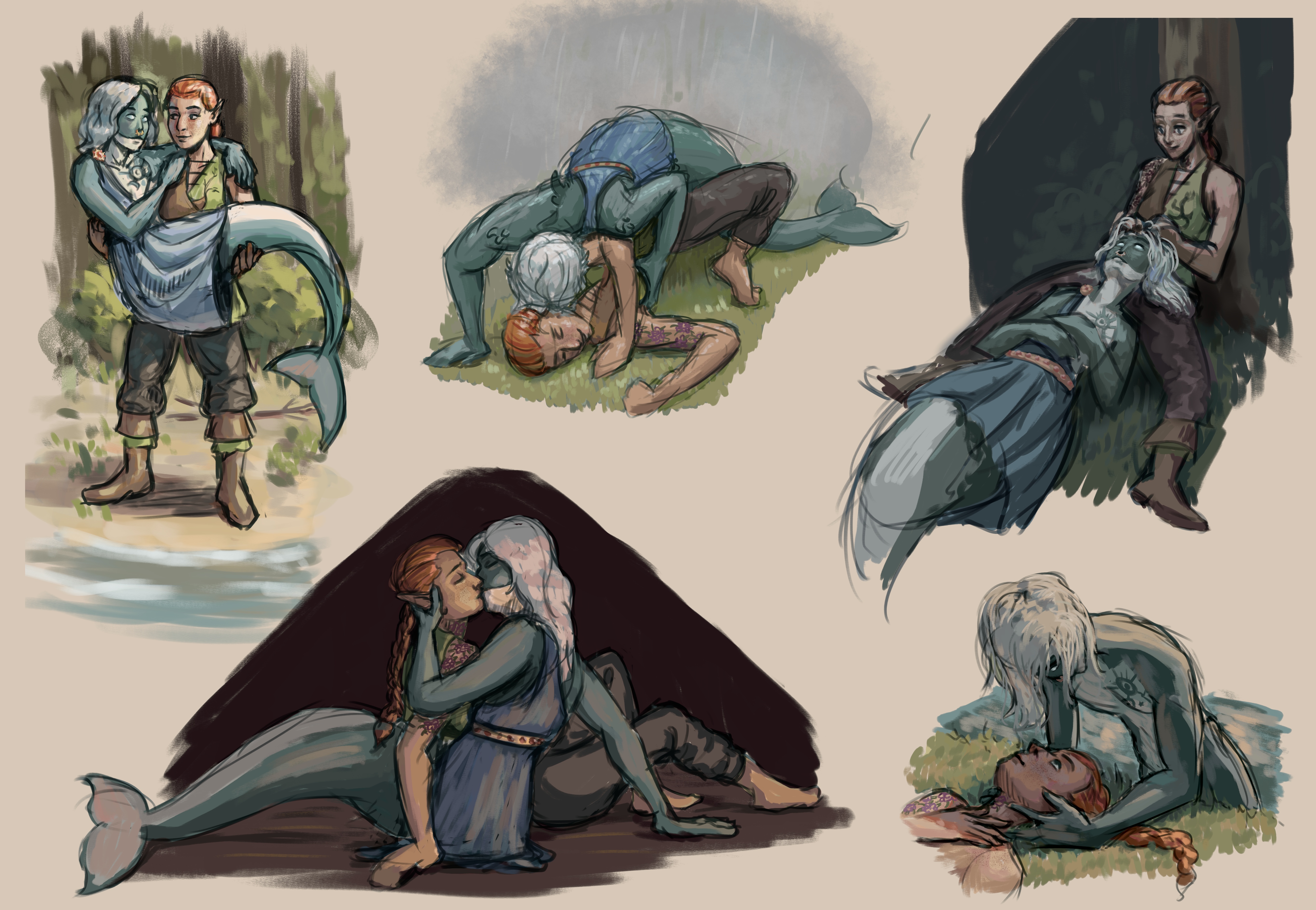 Five digital sketches of Miriel, a red-haired forest elf lady, and Salma, a merman loosely styled after an orca, having affectionate interactions. Each sketch has a unique lighting scenario. 1. Miriel carrying Salma in her arms, both looking in each other's eyes with a smile. Bright sunlight on a beach. 2. Salma tackling Miriel to the ground to plant a kiss on her cheek. Overcast and rainy. 3. Salma lying down with his head in Miriel's lap, who's sitting back against a tree and playing with Salma's hair. Moonlit night. 4. Kissing while sitting on the floor in a firelit indoor space. 5. Salma emerging from the water, touching the face and looking down into the eyes of Miriel who's lying on her back on the grassy shore. Warm early sunset light.