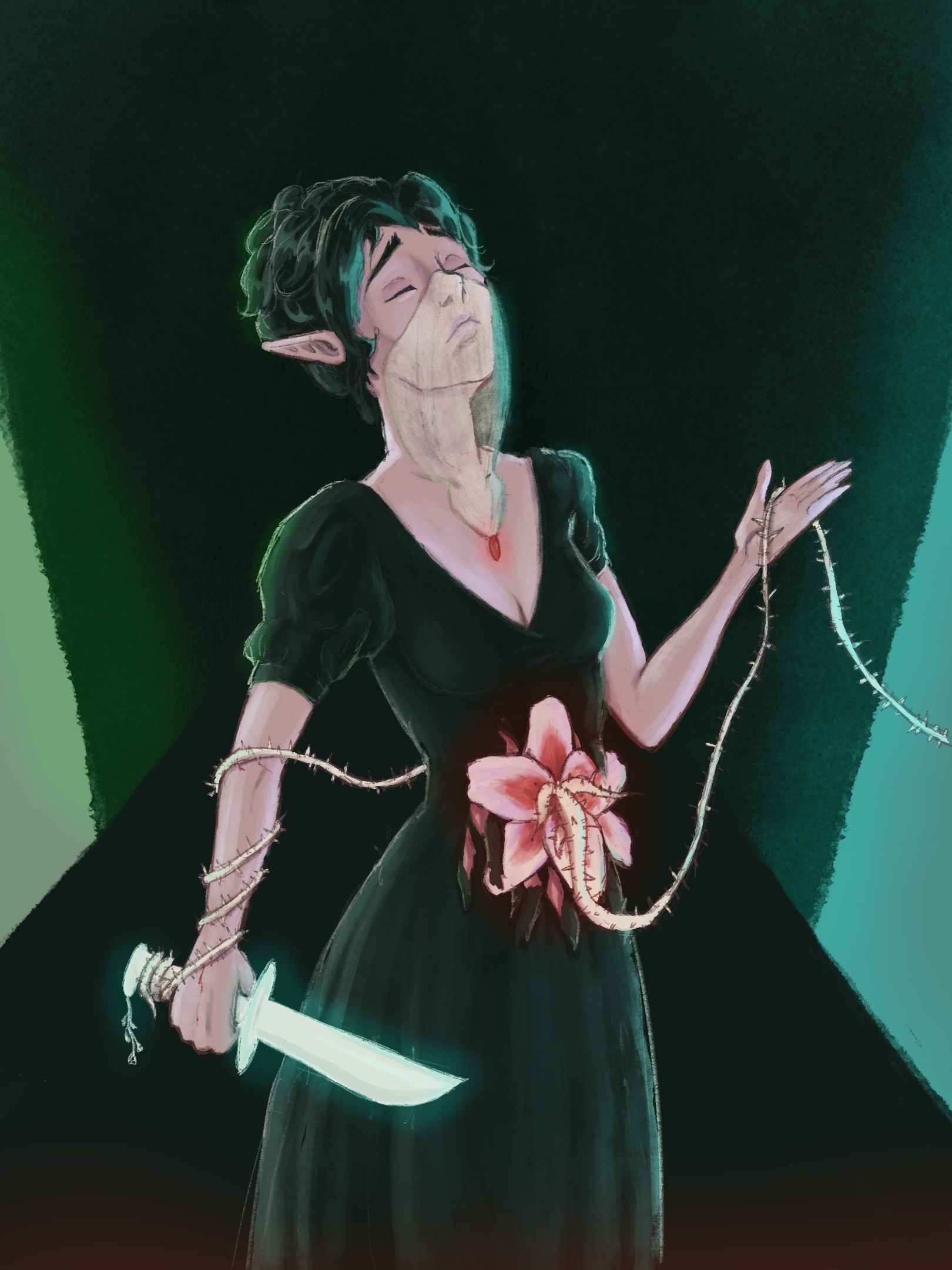 A digital painting of an elven woman with a large flower
and thorny vines growing out of her stomach. She wears a ceremonial dress and
hold s a glowing knife, preparing to cut the thorny vine.
