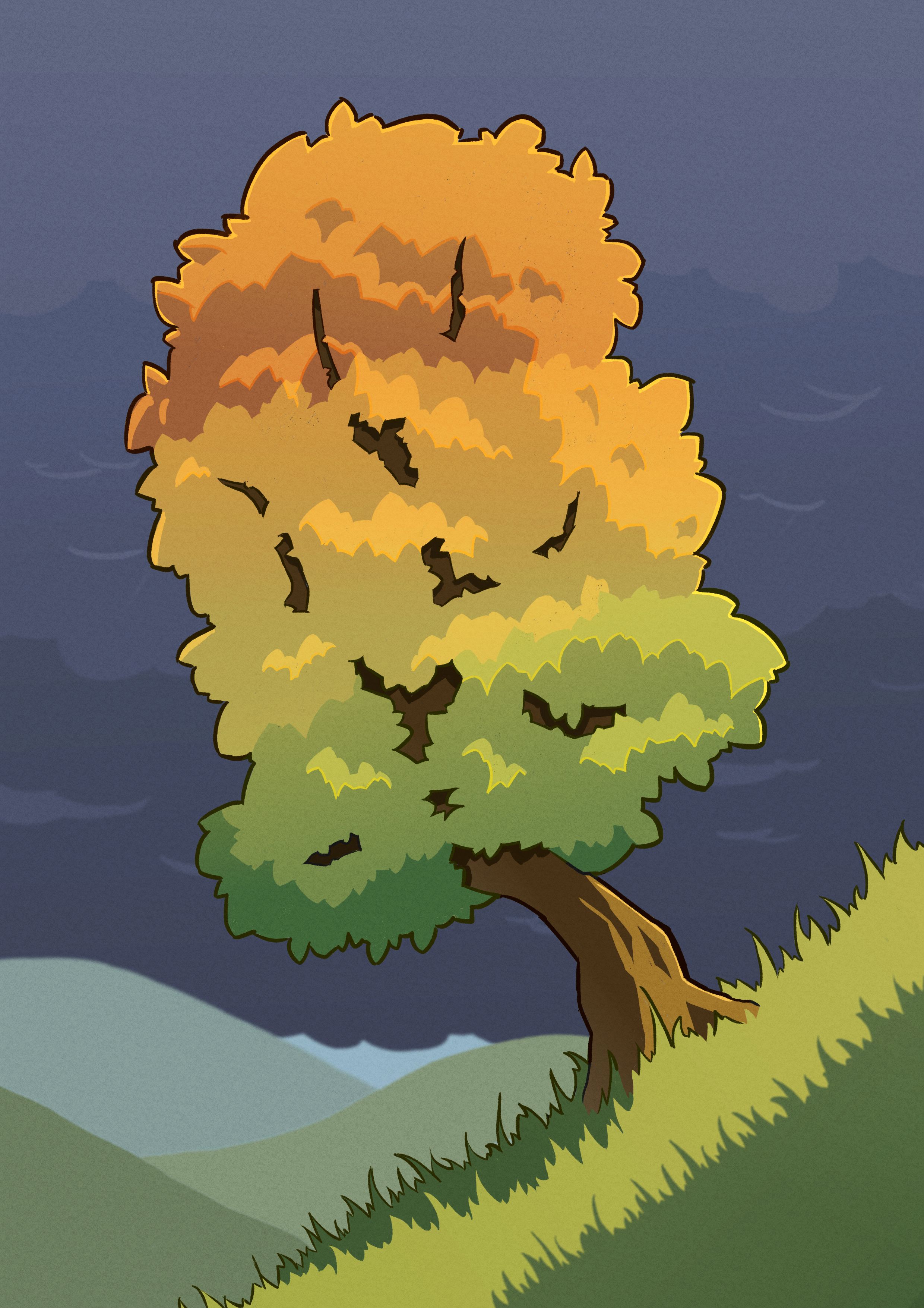 A digital drawing of a leafy tree standing on a steep slope
in warm orange sunlight. Its leaves are in the process of changing color, with
red on top, yellow in the middle, and green at the bottom. Behind it are some
rolling hills and the dark clouds of an oncoming thunderstorm.