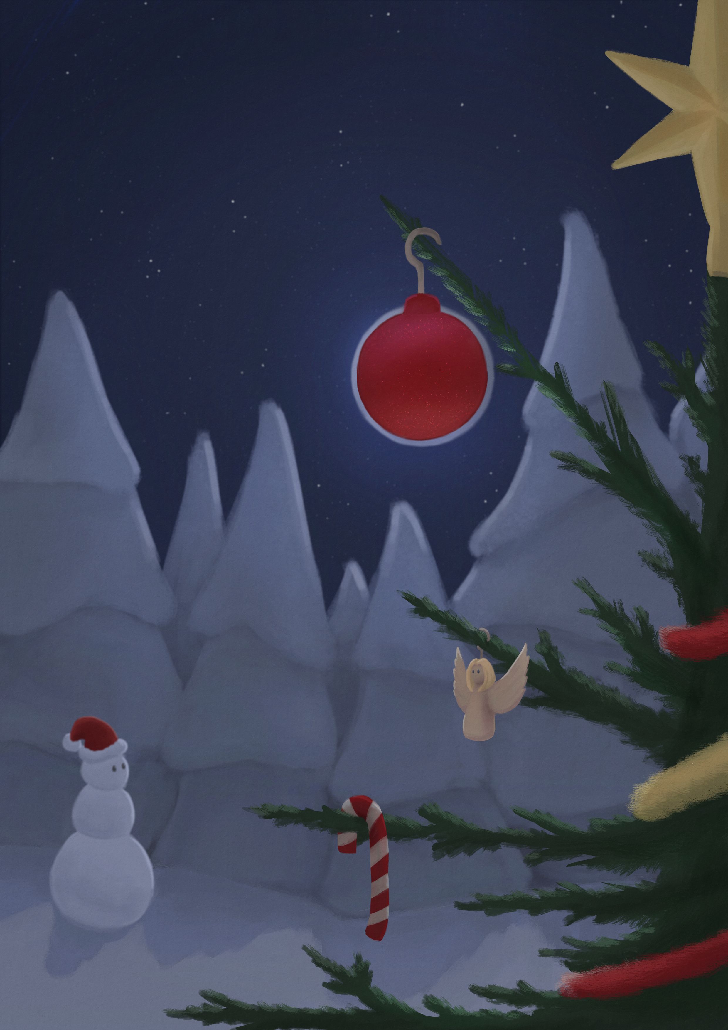 Digital painting of a nightly forest scene with a christmas
tree in the foreground. A spherical ornament on the tree hides the full moon
behind it.
