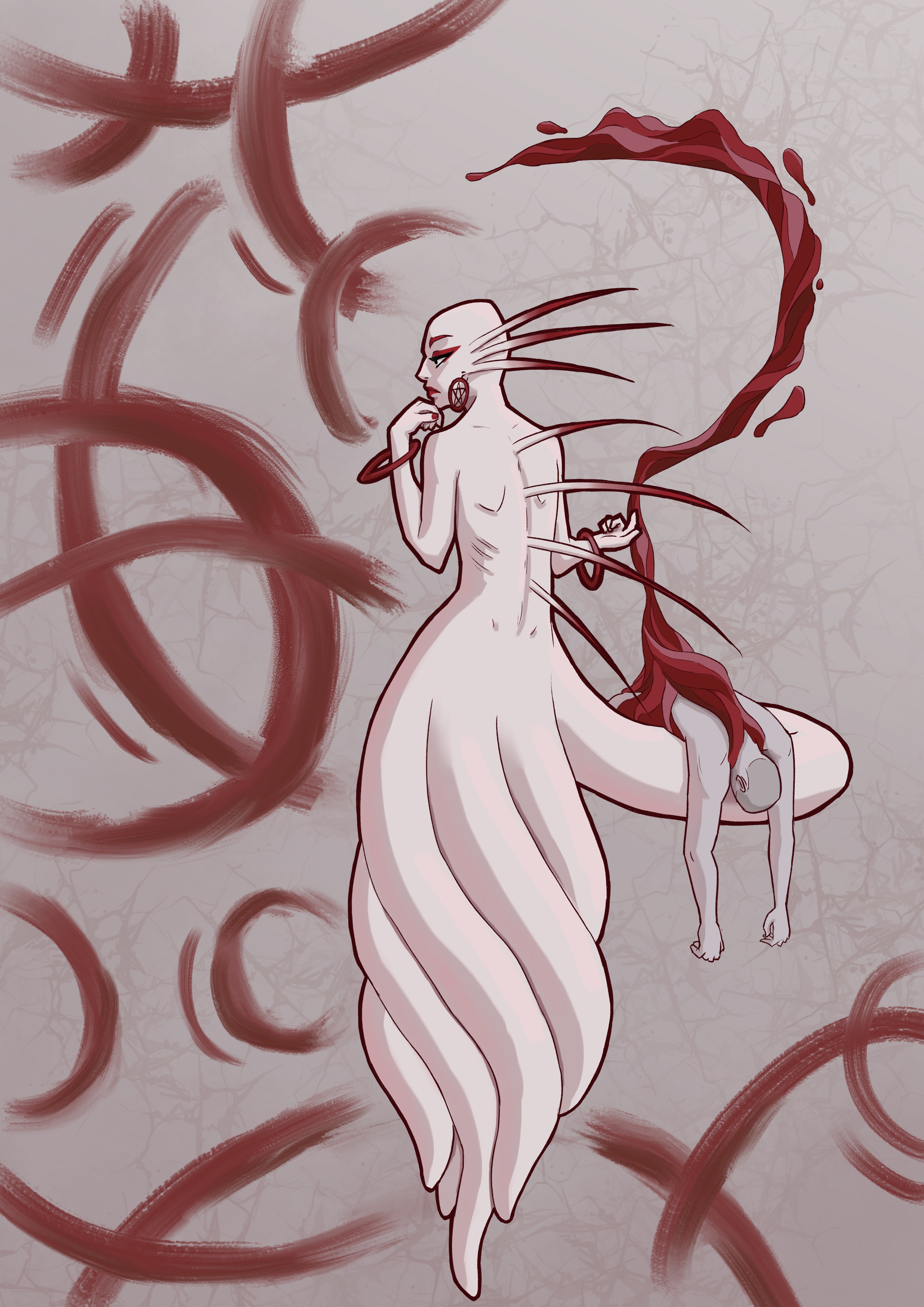A digital drawing of a porcelain-white mermaid with a bald
head, heavy crimson makeup, and a swirl of tentacles for a tail. They're
holding a corpse on one of the tentacles, magically draining blood from it.
They're looking at circular patterns of blood in the background with a
pondering expression.