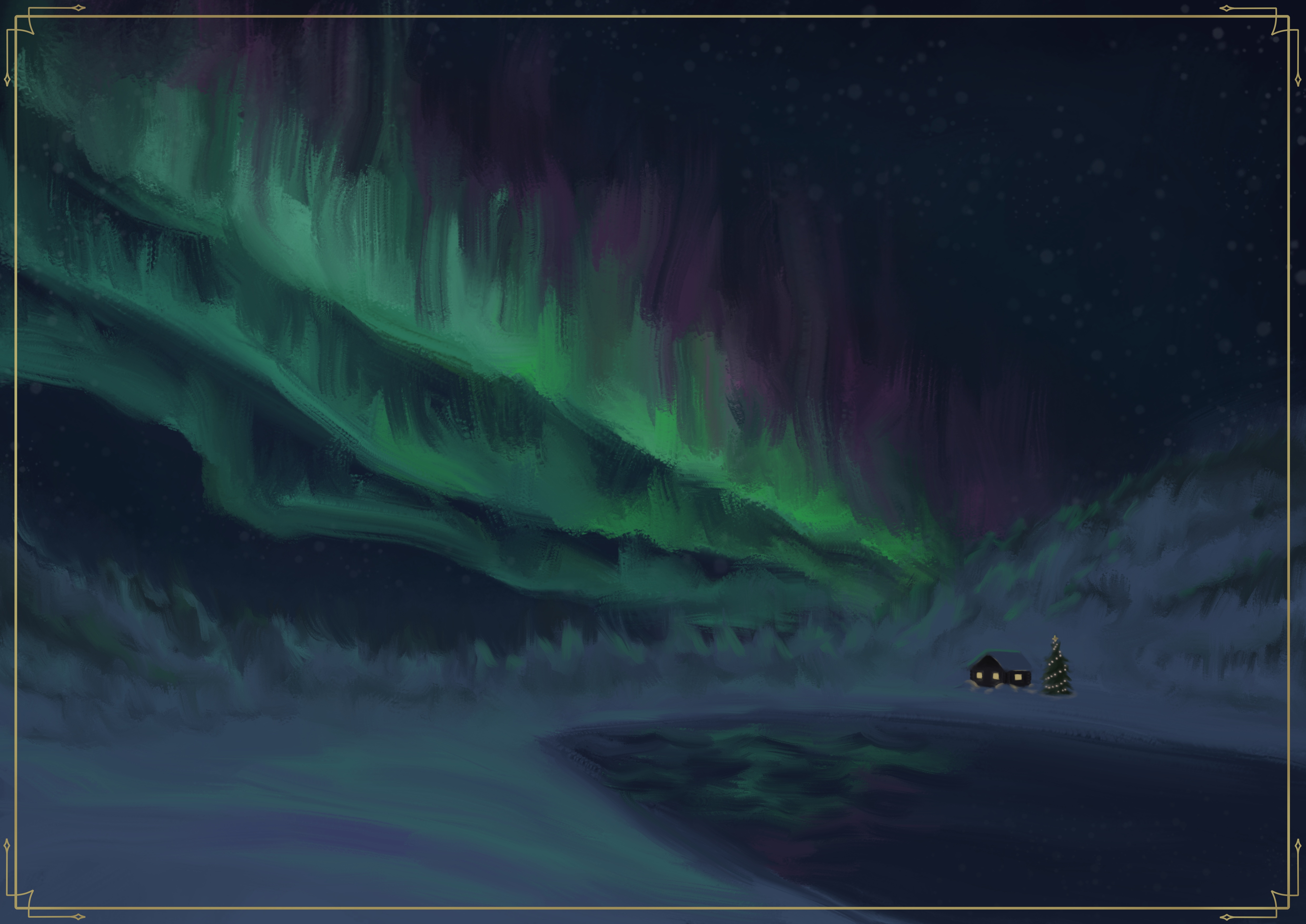Digital painting of a snowy forest landscape at night with
northern lights in the sky. The lights converge at a little snow-covered log
cabin with a warm light in the windows and a christmas tree in the yard.