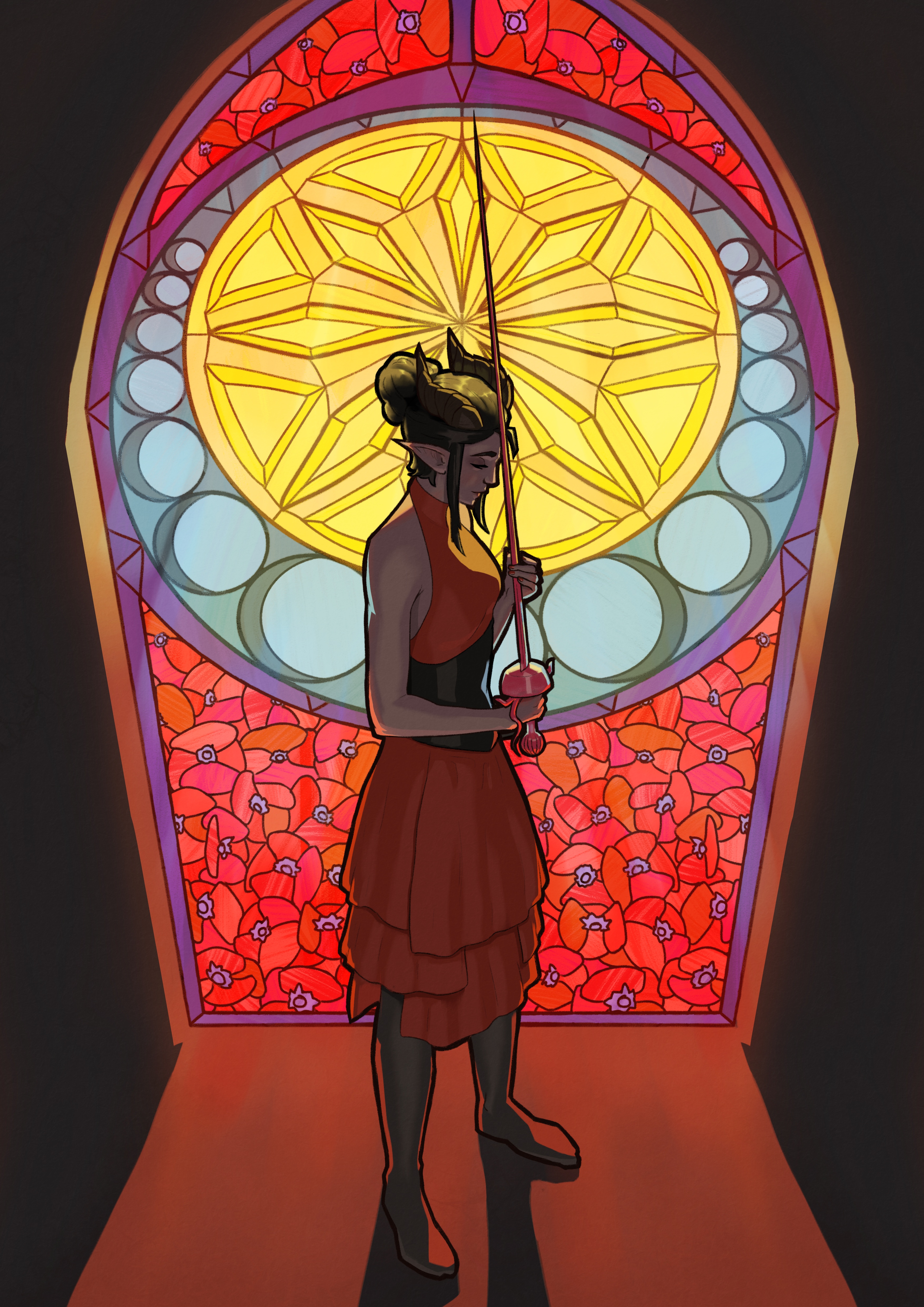 A digital painting featuring a large and brightly lit
gothic-style stained glass window in an otherwise dark room. The bottom half of
the window depicts red poppy flowers, the rest is a circular decorative design.
In front of the window stands a woman wearing a red dress with a black corset.
She has horns on her head, black hair styled into a bun, and she's holding a
pink glass rapier in front of her face, looking down at it.