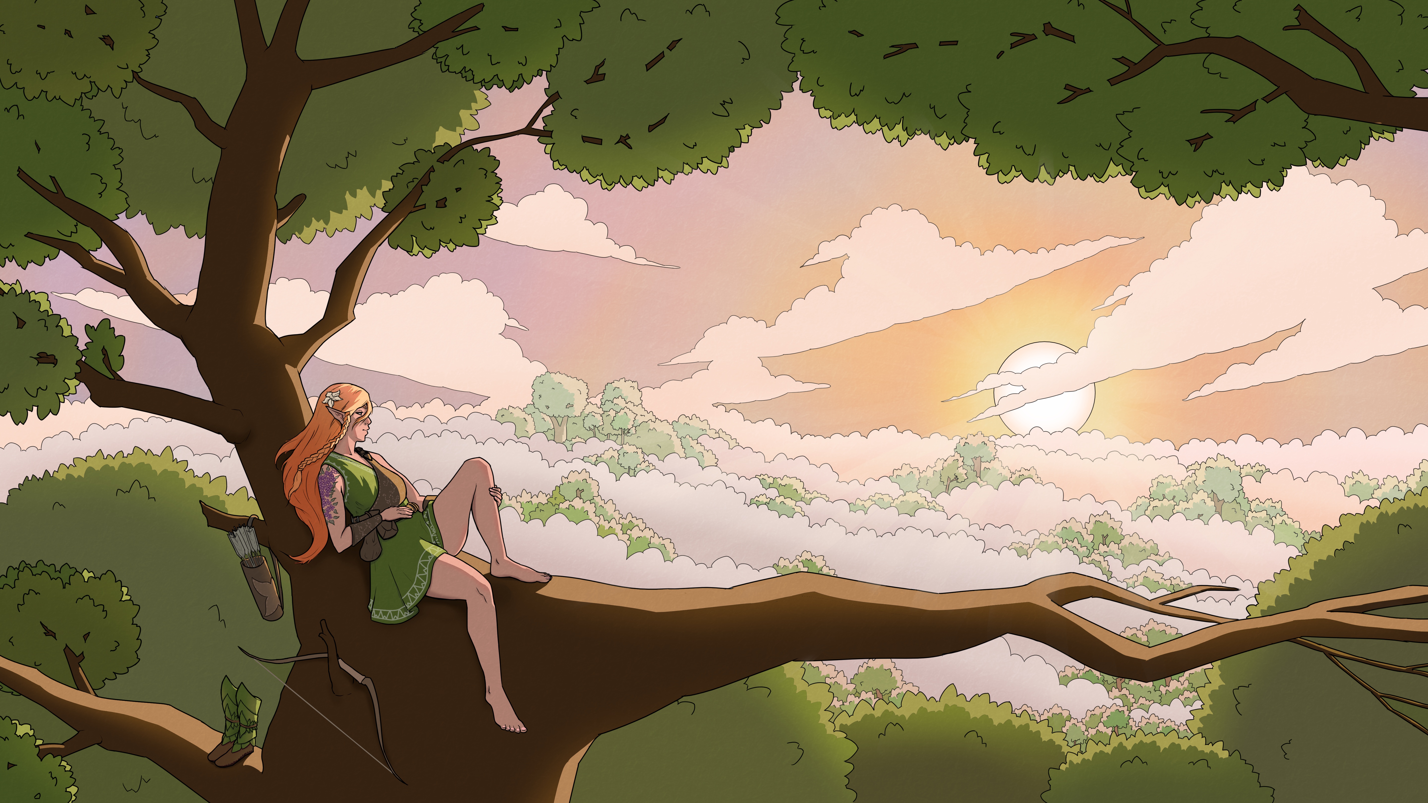 Digital drawing of a foggy forest at sunset,
viewed from the top branches of a tall tree.
A redheaded elven woman wearing a green tunic
with a belt and archer's chest guard sits relaxing on the branches.
Her boots, bow and quiver are hanging on the branches below her.