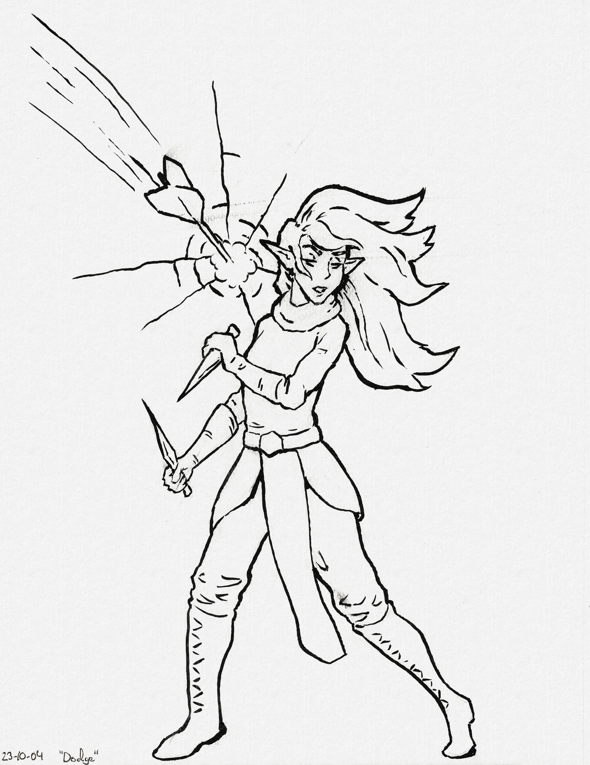 A dagger-wielding elven assassin narrowly dodging a large arrow aimed at their head. The impact of the arrow has made their long hair billow to the side and cracked the wall behind them in a radial pattern.