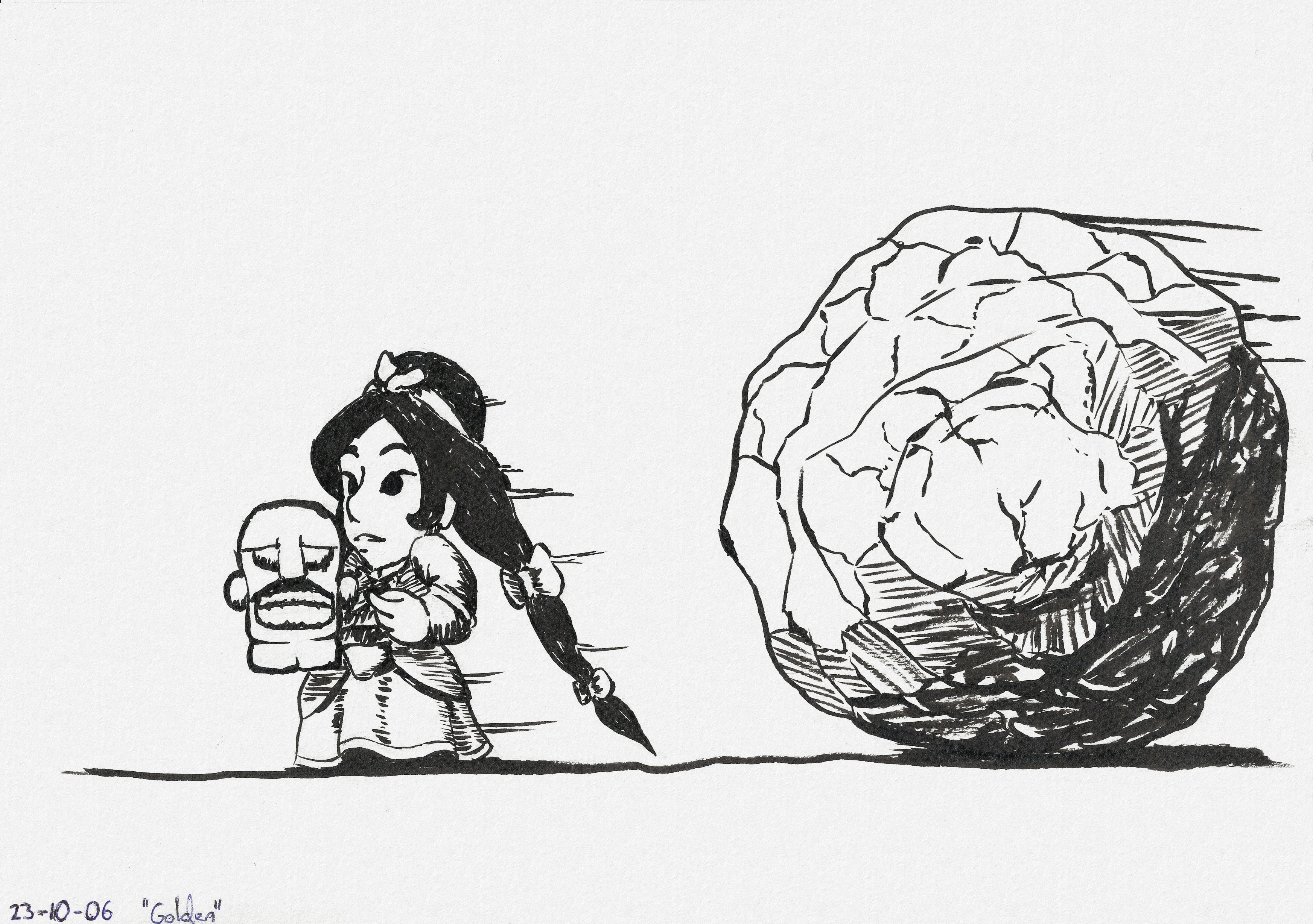 Airyn from Spelunky 2 carrying a golden idol and running away from a large boulder.