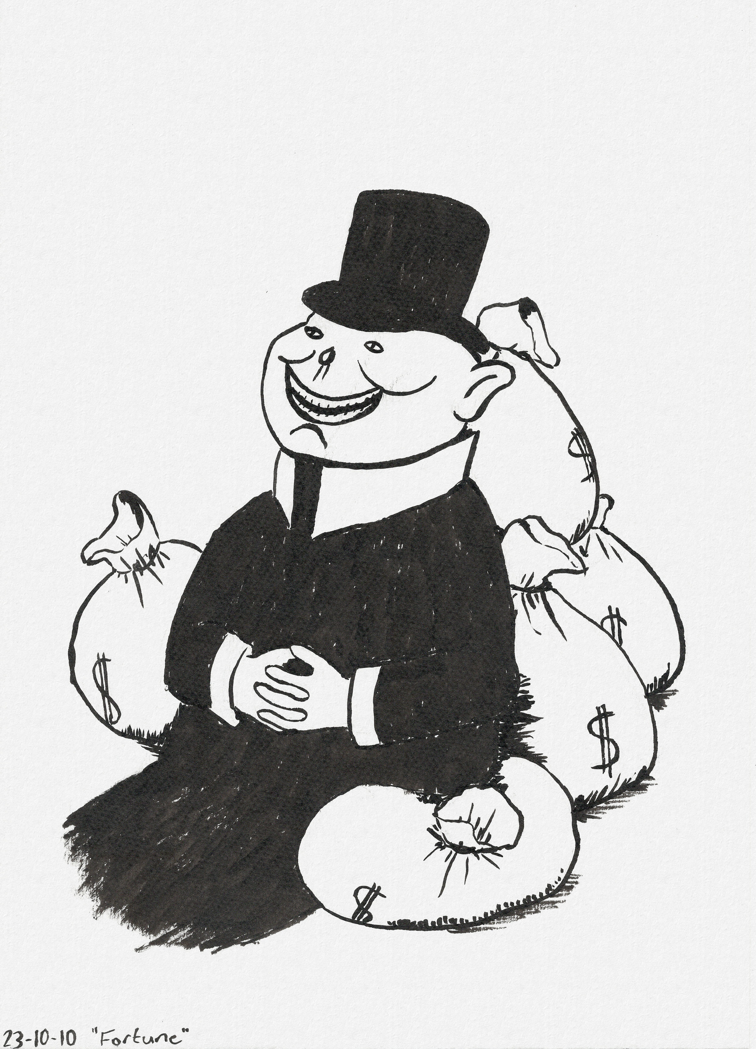 Porky the Capitalist Pig sitting on a pile of big money bags.