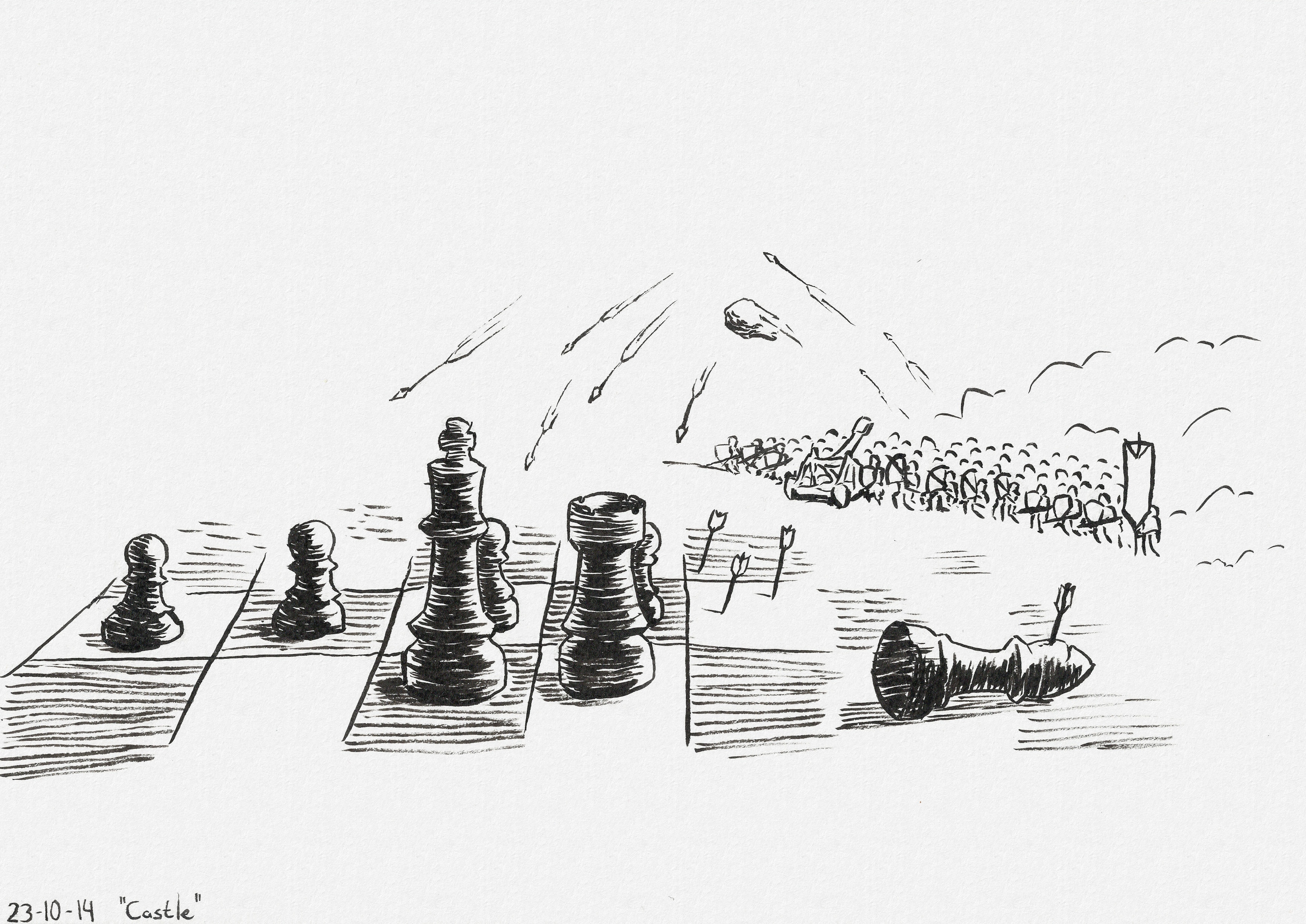 A chess board in castled position. A few rows away the board fades into an army shooting arrows and rocks at the pieces. A bishop lies on the ground pierced by an arrow.