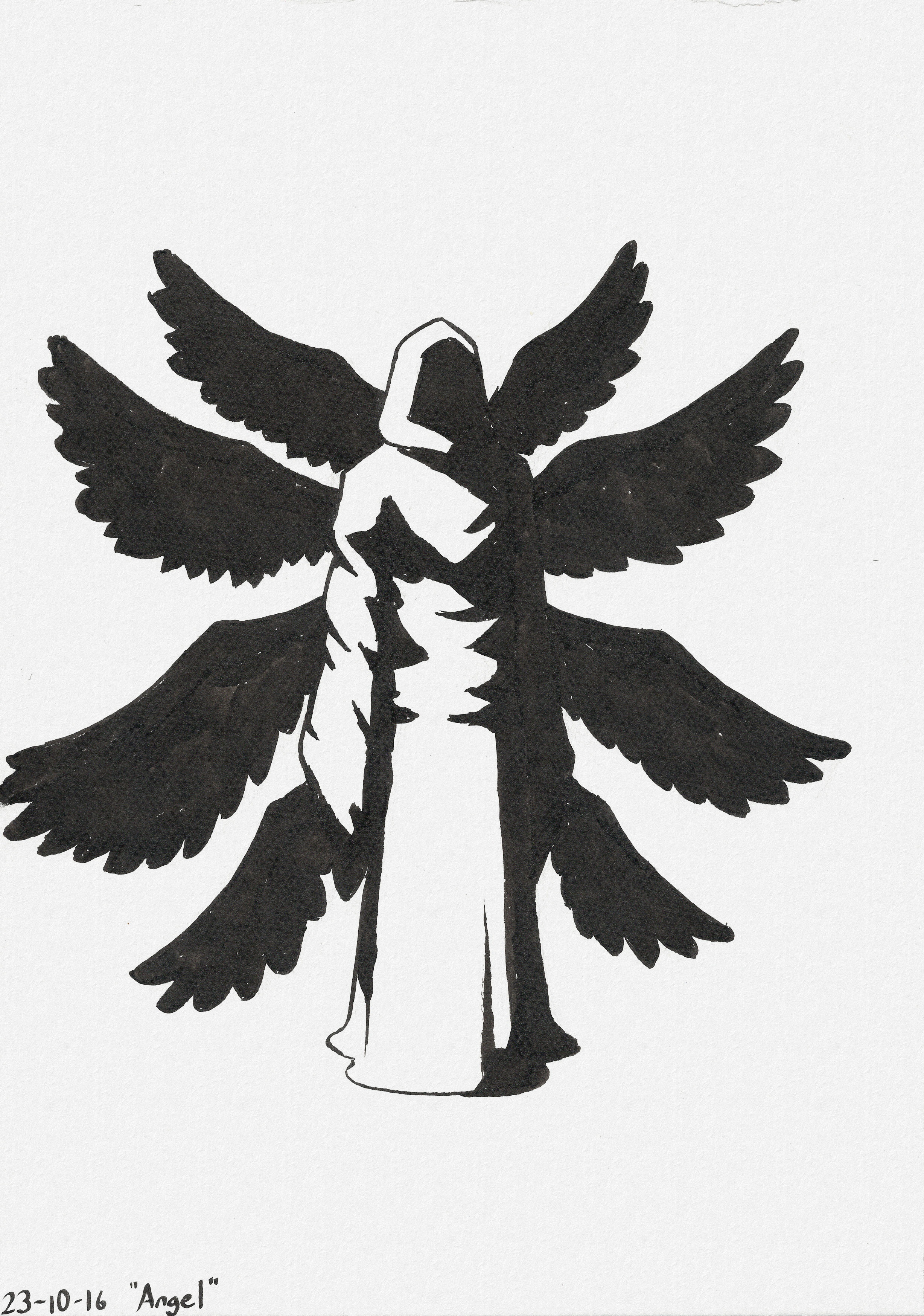 A figure wearing a long hooded robe. Their face is hidden in shadow and four pairs of wings are spread out behind them.