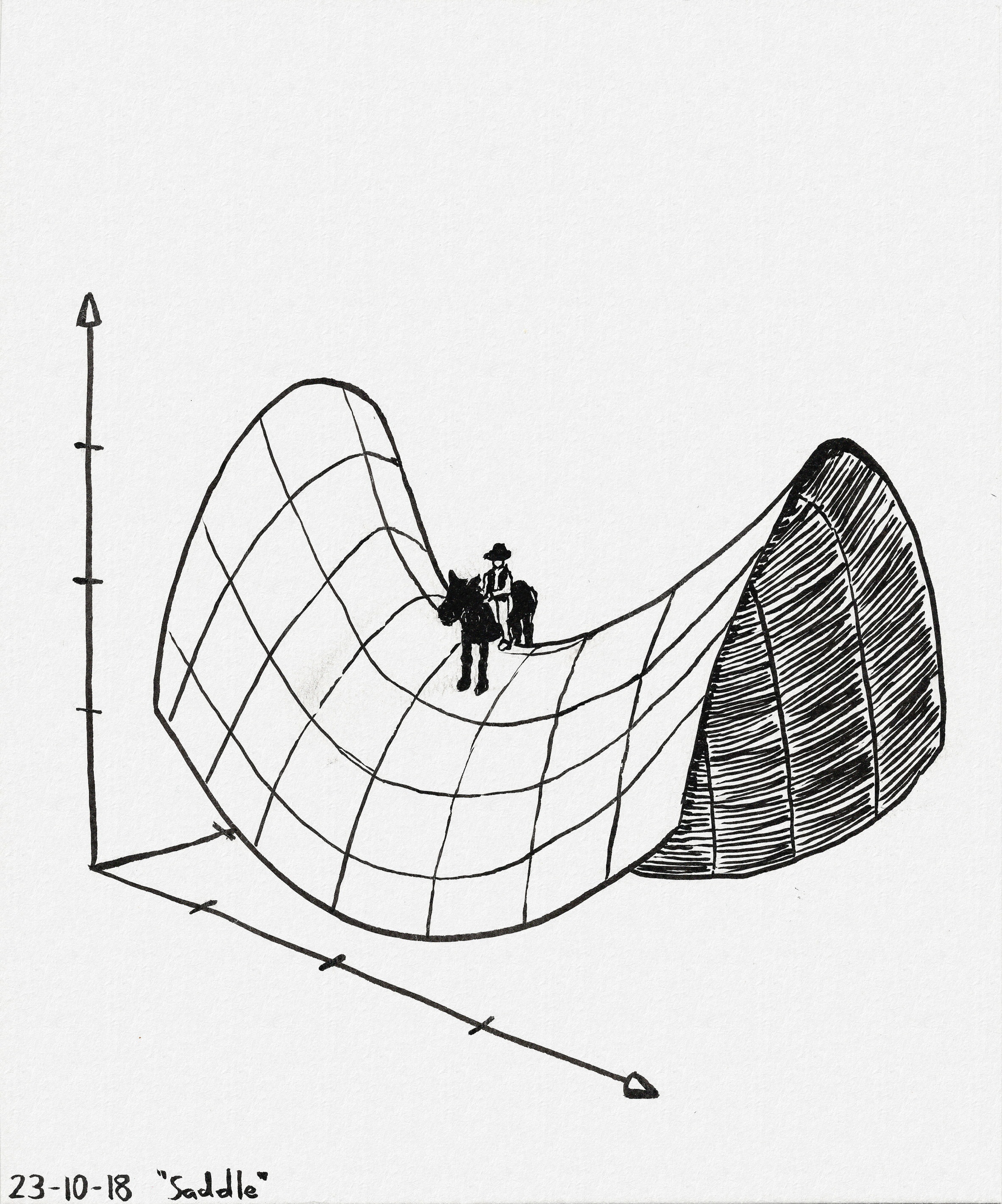 A hyperbolic paraboloid surface (shaped a bit like a saddle) with contour lines. On the flat part in the middle (at the saddle point), a cowboy sits on top of a black horse.