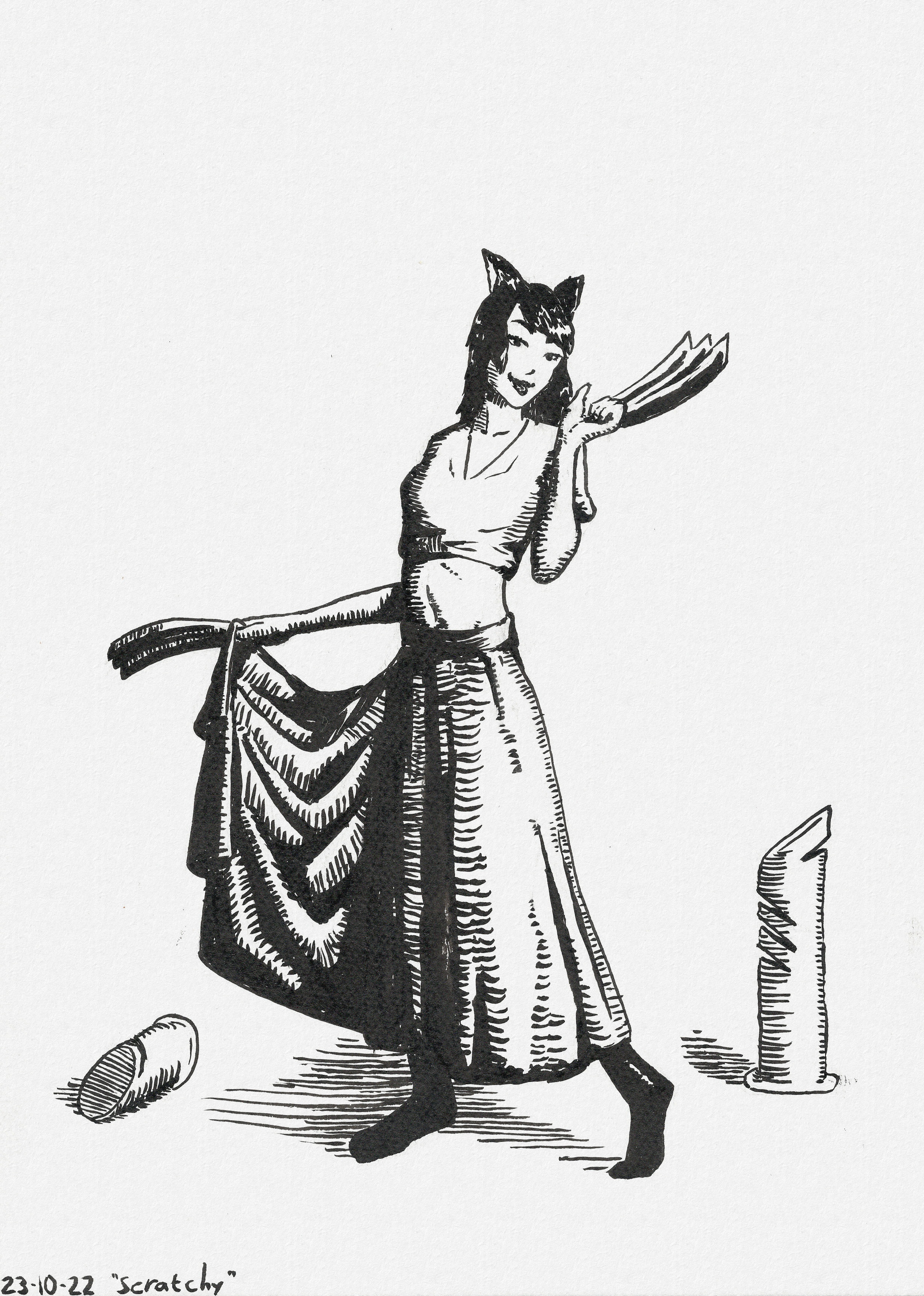 A lady with cat ears lifting her skirt to the side with a whimsical expression on her face. She has Wolverine-style claw blades on her hands and a cat scratching post lies cut in half in the background.