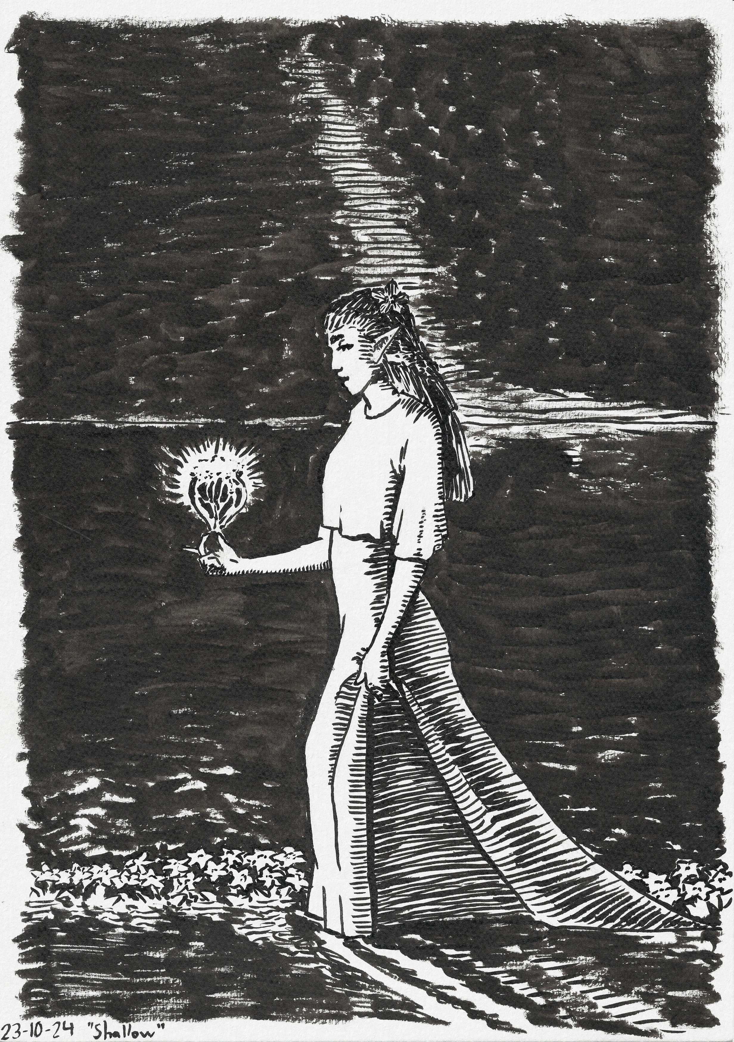 An elven woman in a long dress walking in shallow water surrounded by flowers. She's illuminated by magical strands of light in her hand.