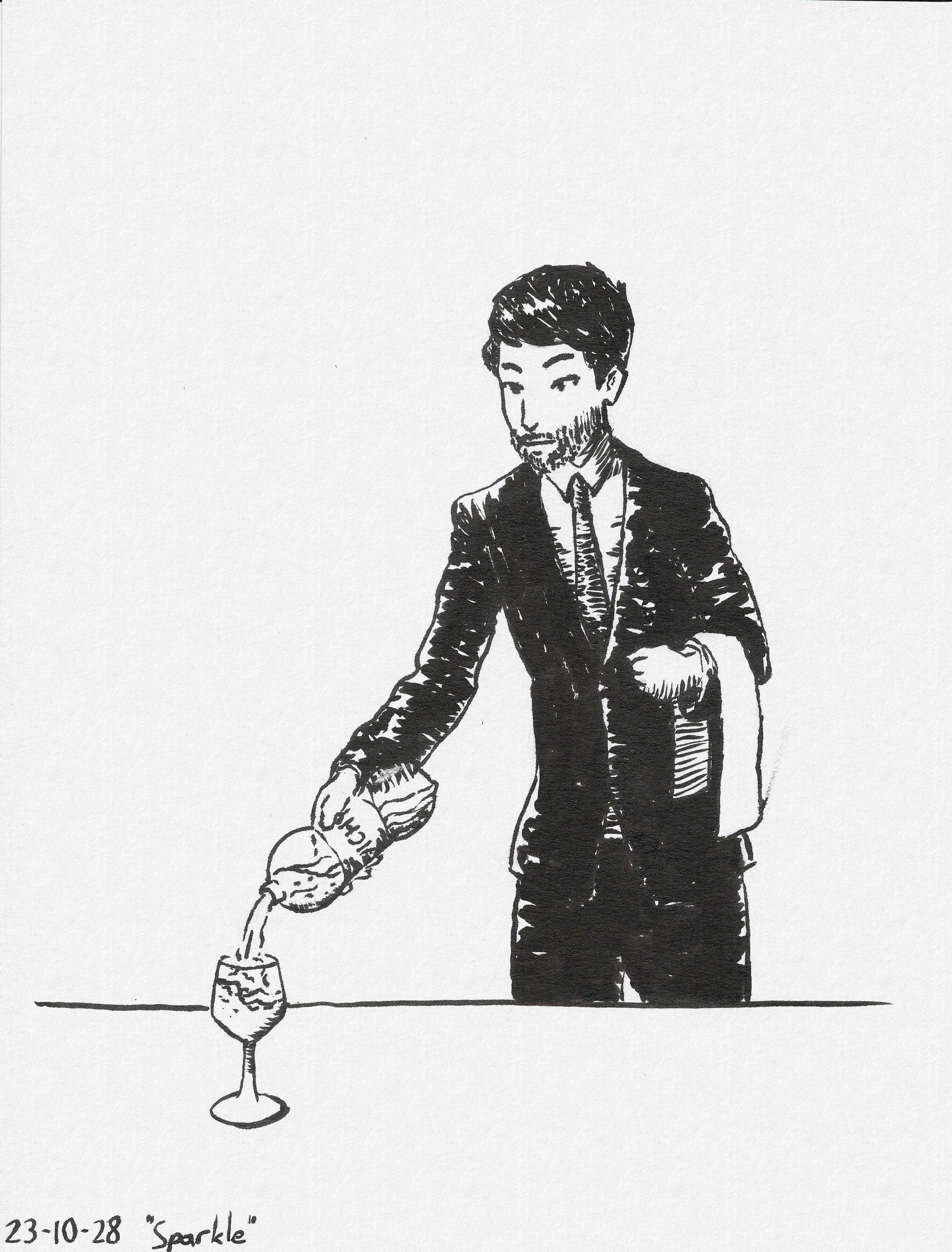 A waiter in a suit and tie pouring sparkling water out of a plastic bottle.