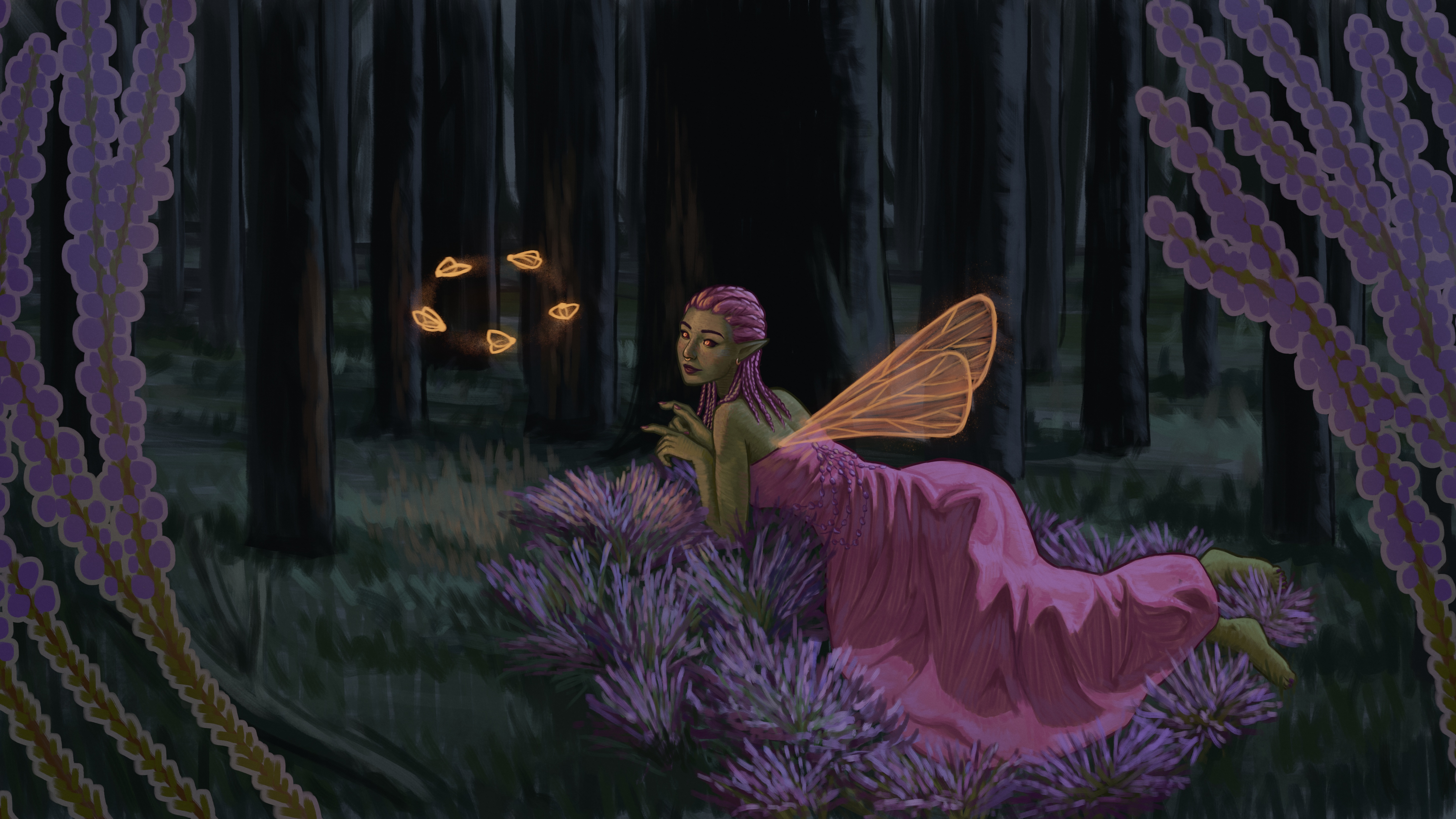 Digital painting of a green-skinned fairy
with purple braided hair and a long pink dress.
She's lying on a bush of heathers in a moonlit forest,
looking at a group of magical glowing moths with a playful expression.
She has wings that resemble those of the moths.