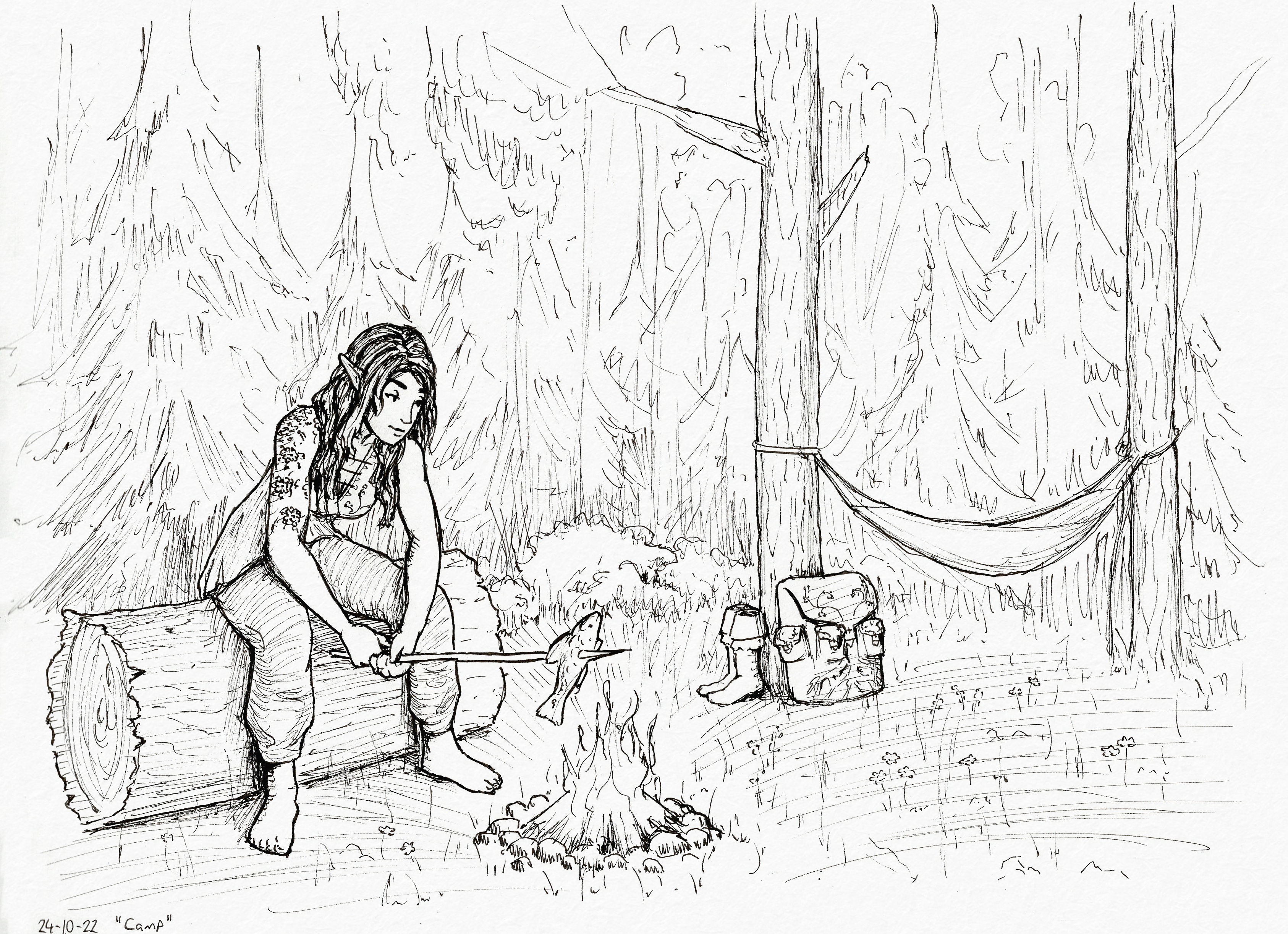 Miriel sitting on a log, roasting a fish on a fire. She's let her hair down from its usual braid and set up a hammock in the background.