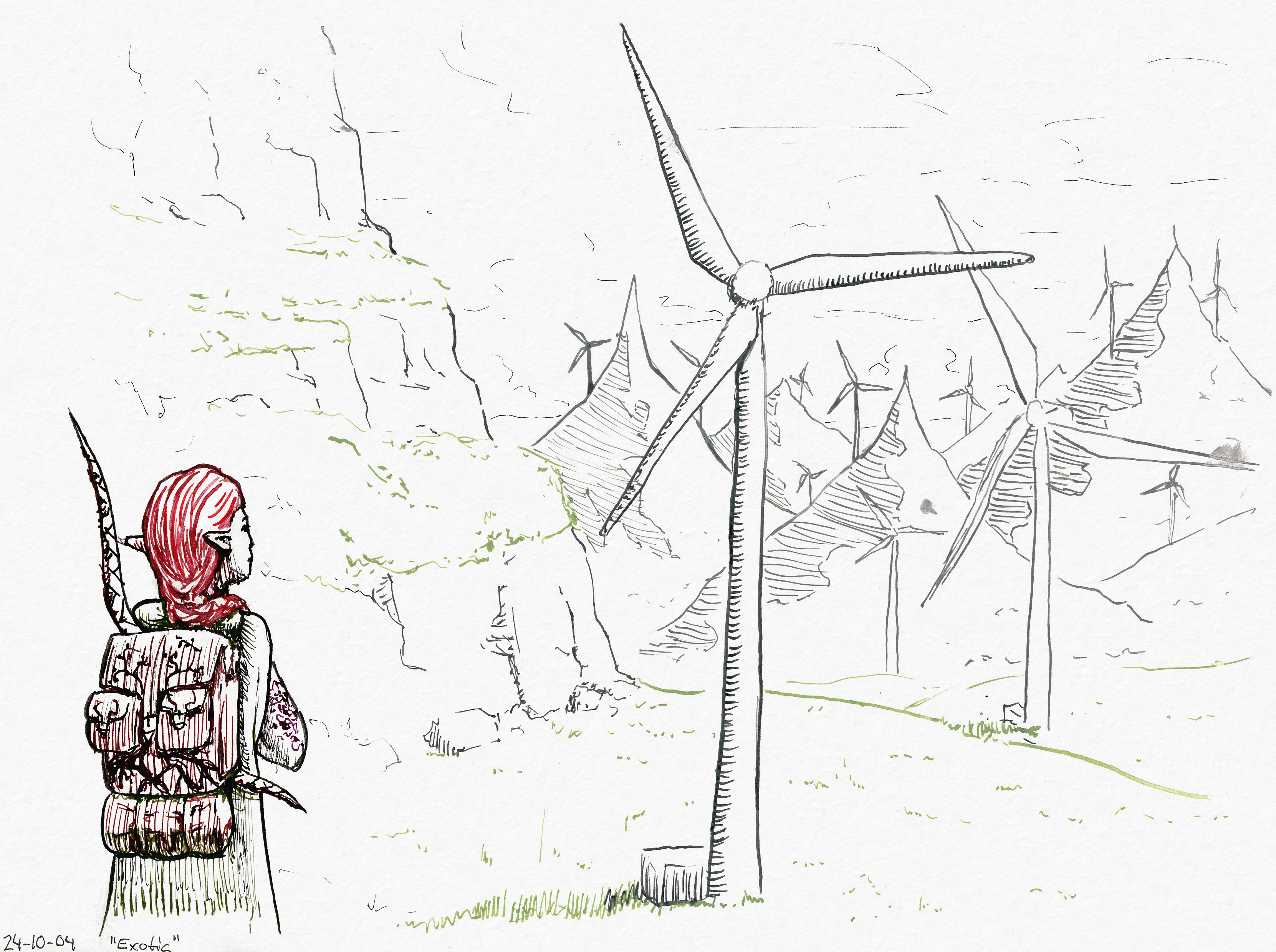 A mountain range littered with windmills. Miriel stands in the foreground wearing a cloak and a backpack, looking up at the nearest windmill.