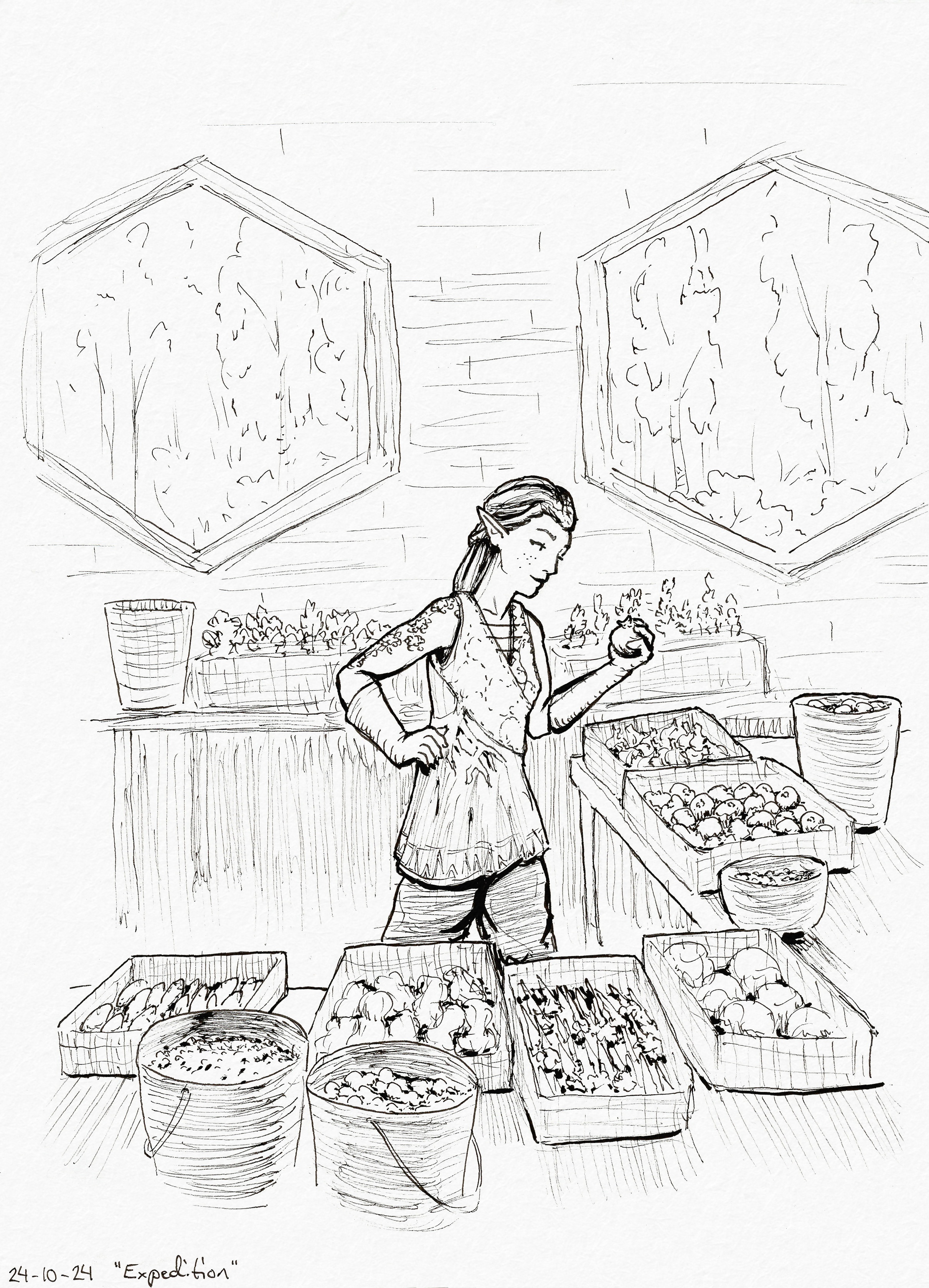 Miriel in a room strewn with baskets and buckets of vegetables, berries, and fruits. She's holding a tomato in her hand.