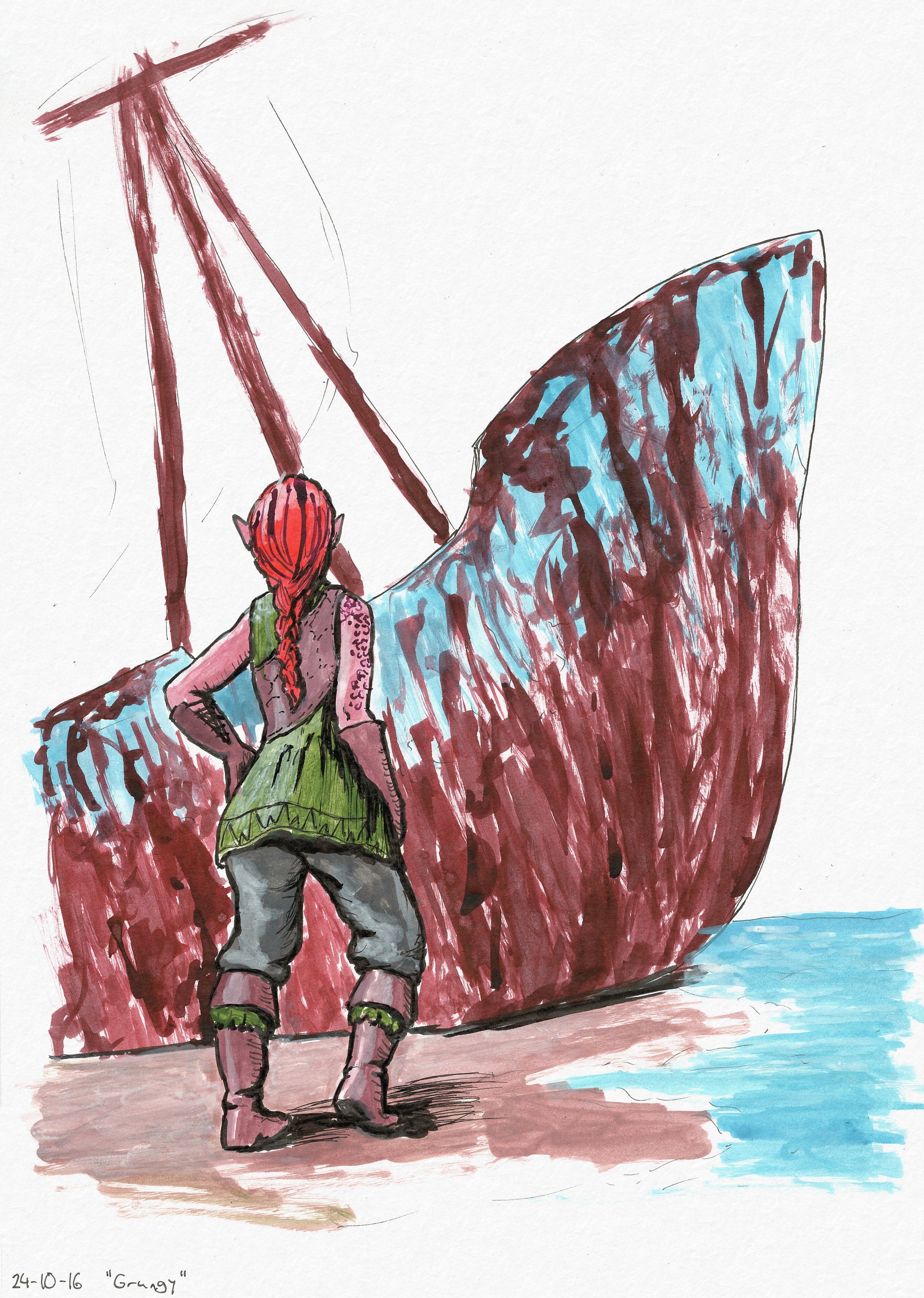 Colored ink painting of a rusted ship on a beach. Miriel stands in the foreground looking up at it.