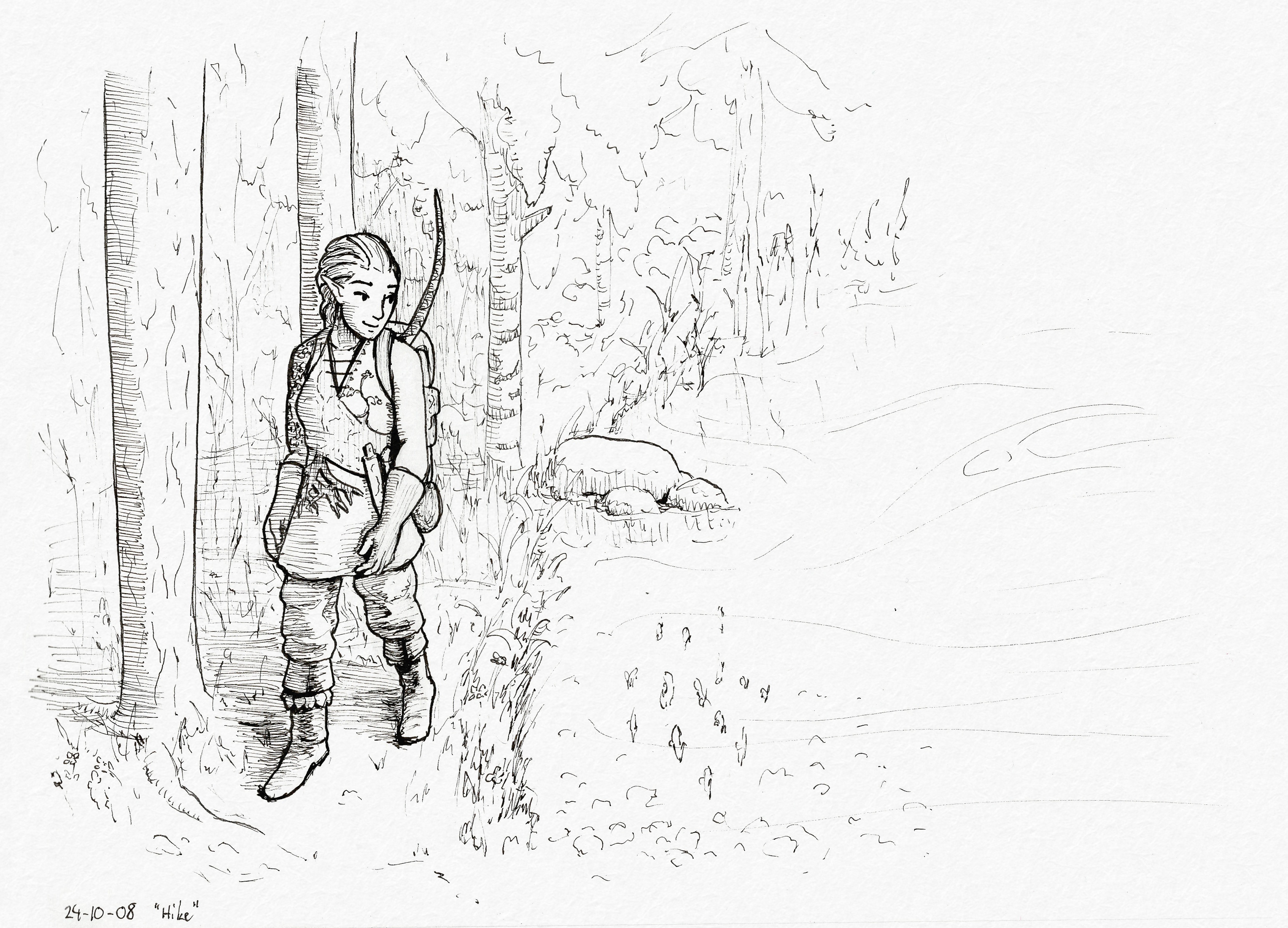 Miriel in light hiking gear - a sleeveless tunic, linen pants, and leather boots - walking in a forest alongside a stream. There's a little school of fish in the water.