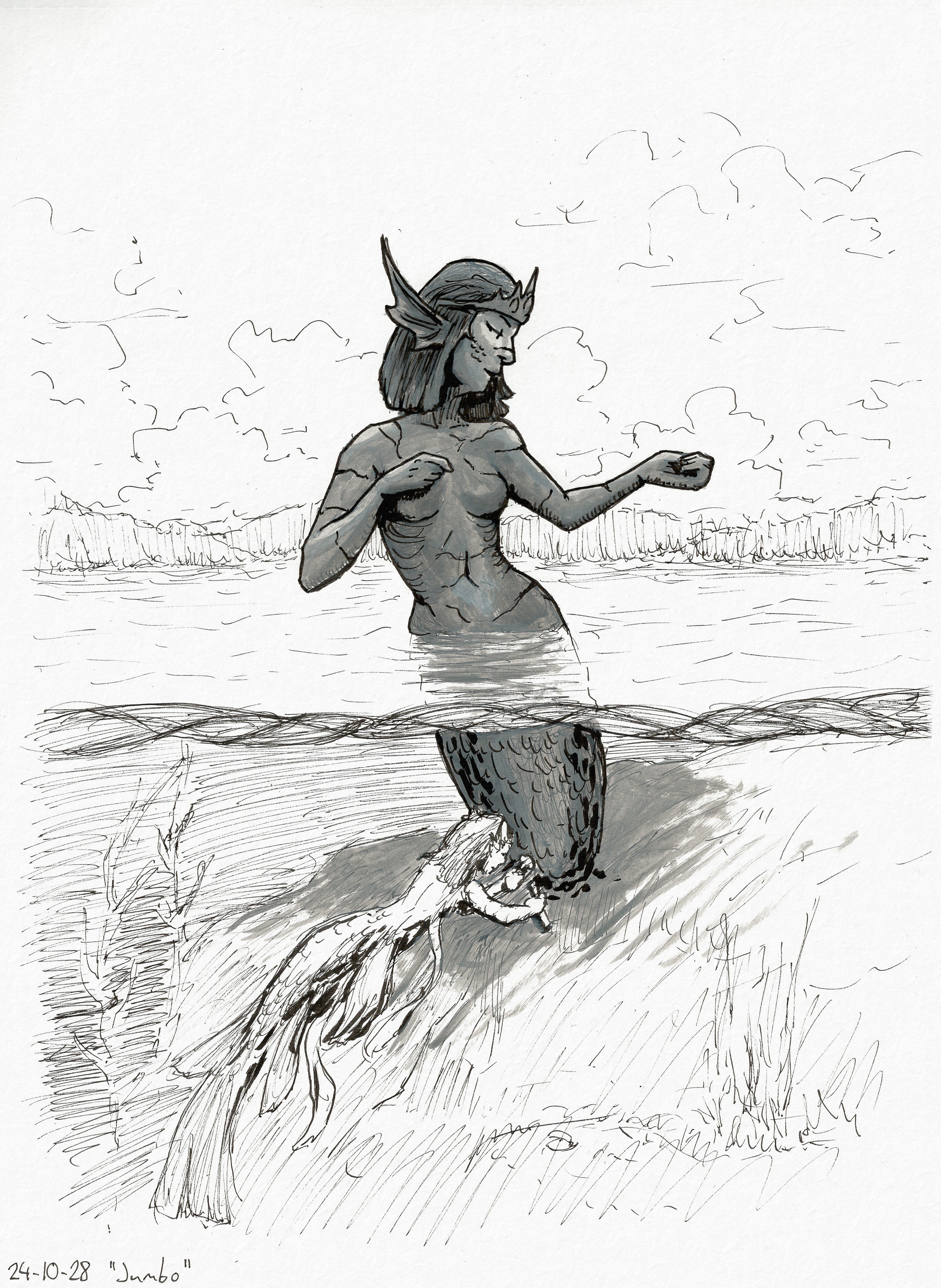 A huge mermaid statue partially in water. Under the surface a mermaid is seen chiseling at the statue's tail. The statue is shaded with gray ink.