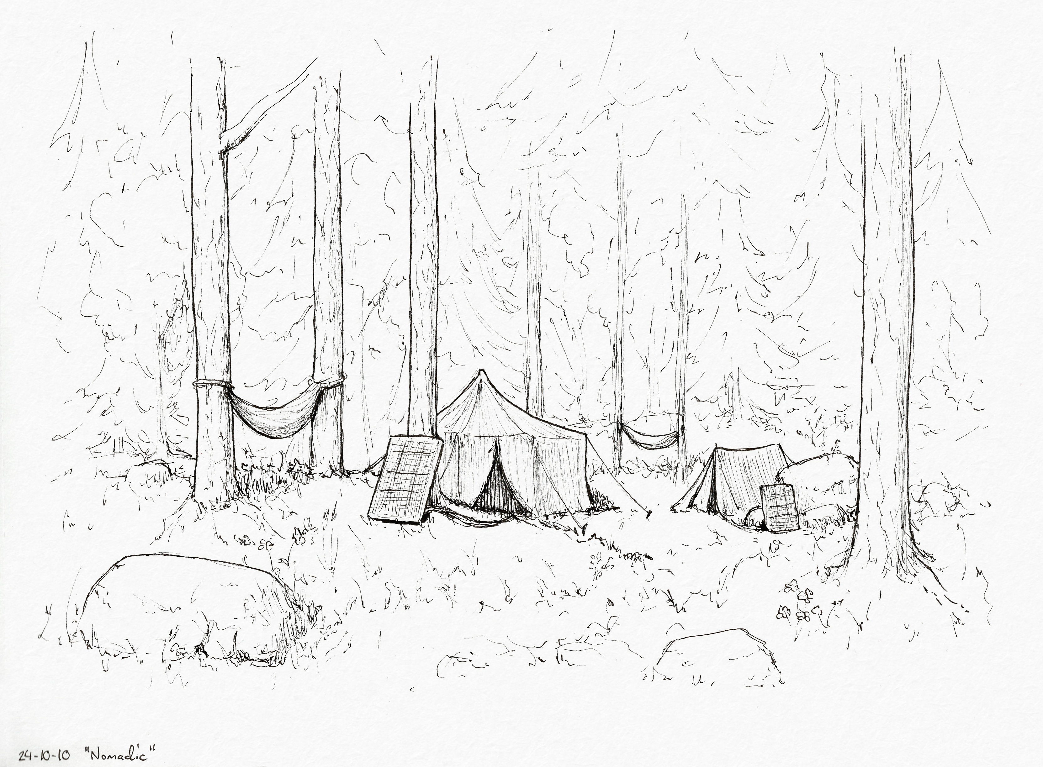 A campsite in a forest. There are tents, hammocks, and solar panels scattered throughout the scene.