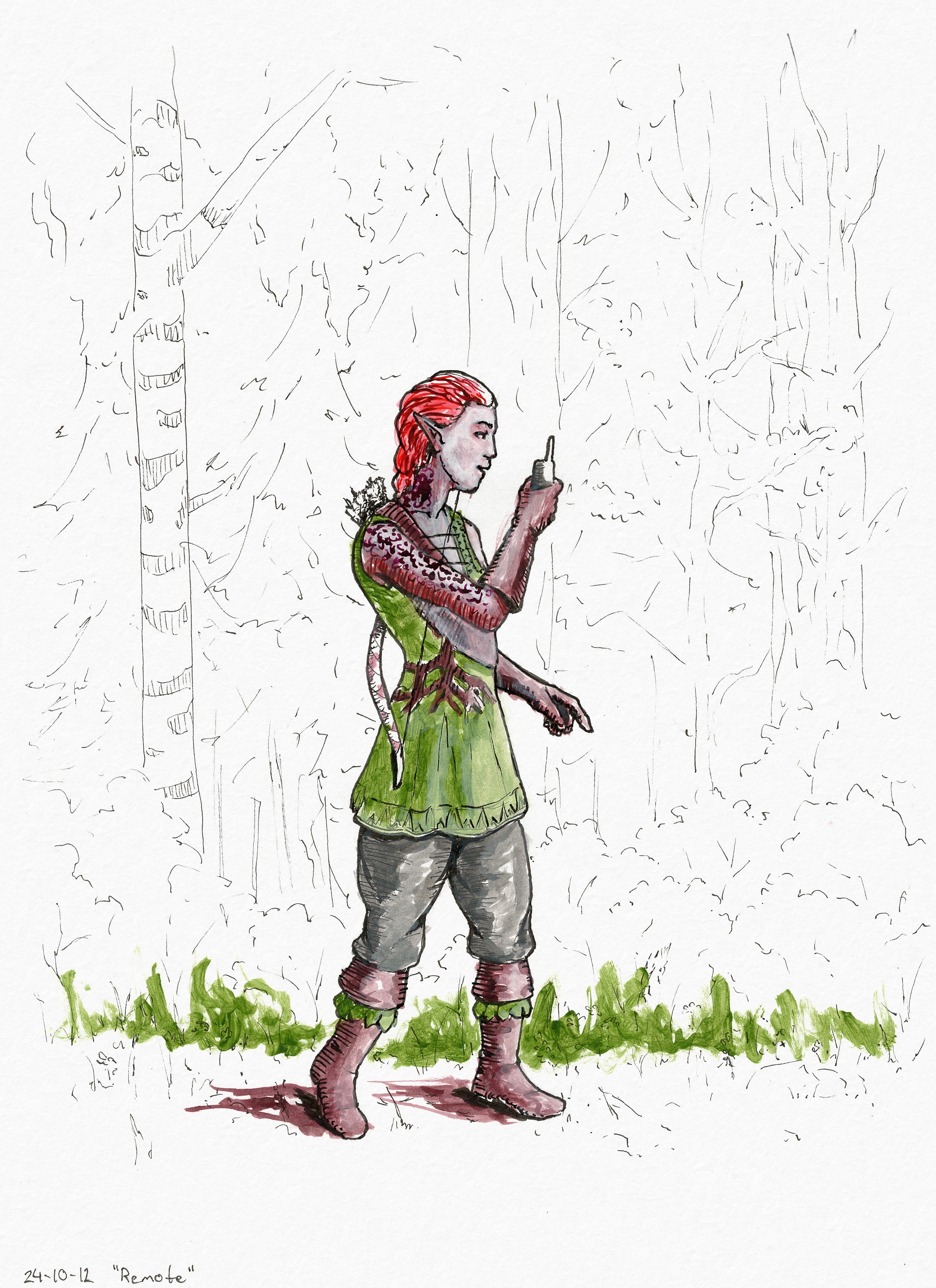 Colored ink drawing of Miriel speaking into a walkie-talkie. She's standing in a forest and looking at something ahead of her.