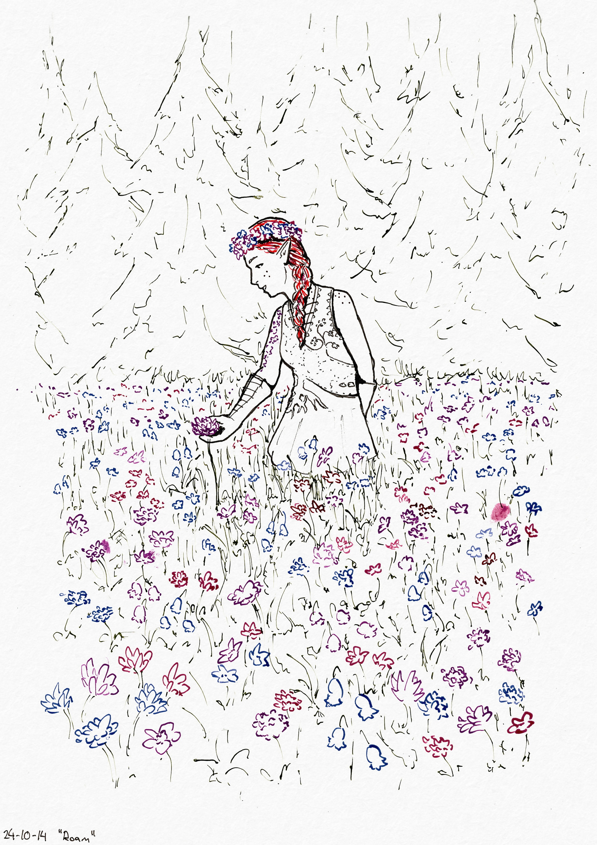 Ink drawing using colored lines. Miriel is standing in a meadow, bending down slightly to pick a flower. She has a wreath of flowers in her hair.