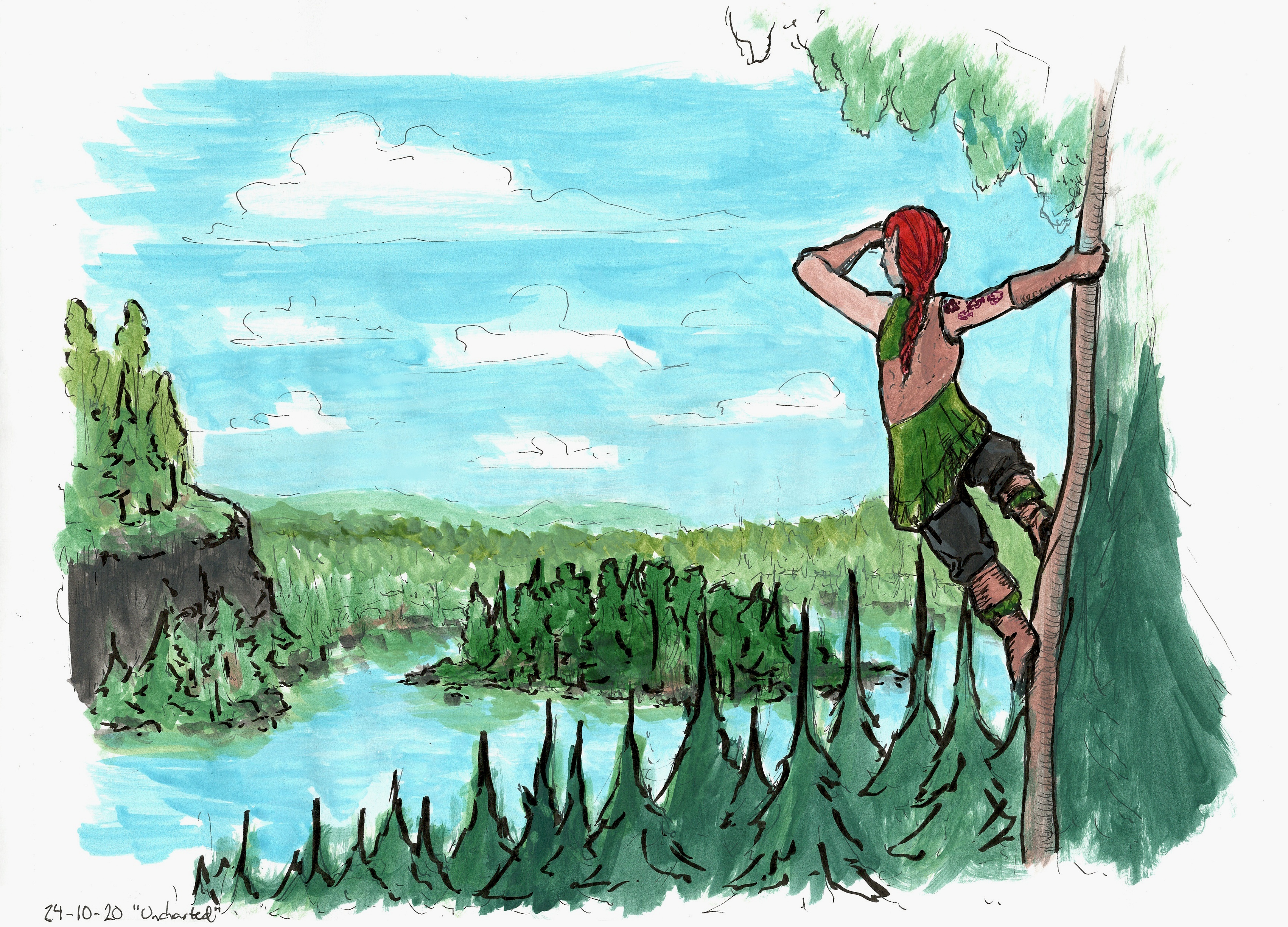 Colored ink painting of a landscape with a lake, an island, and long stretches of forest all around. Miriel is looking down on the scene from a tree, shielding her eyes from the sun with her hand.