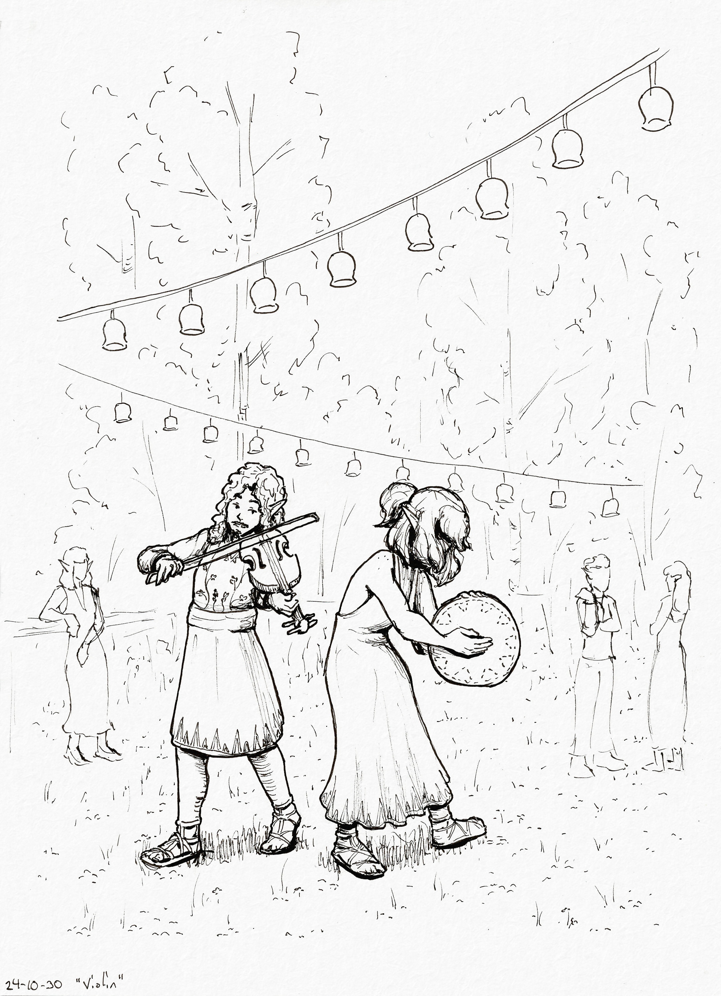 Two elves, one with a moustache and a kilt playing the violin and one with hair over their face and a long dress playing a scandinavian-style drum. In the background there are rows of lanterns on strings and people standing around in fancy clothes.