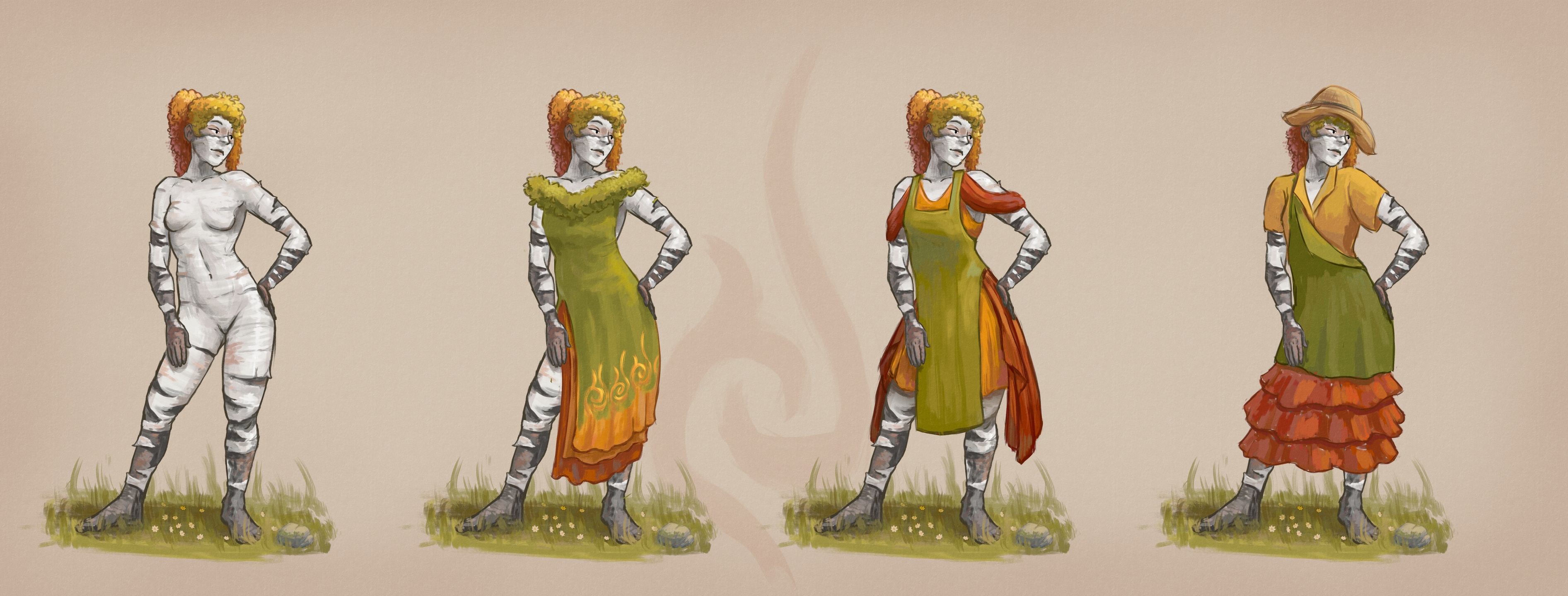 Four different clothing designs for one feminine figure with birch bark for skin. One is naked. The second wears a long green dress decorated with orange flame-like sigils. The third wears an apron on top of an orange dress with red decorative drapery. The fourth wears an apron with one shoulder strap undone on top of a collared t-shirt, a frilly red skirt, and a straw hat.