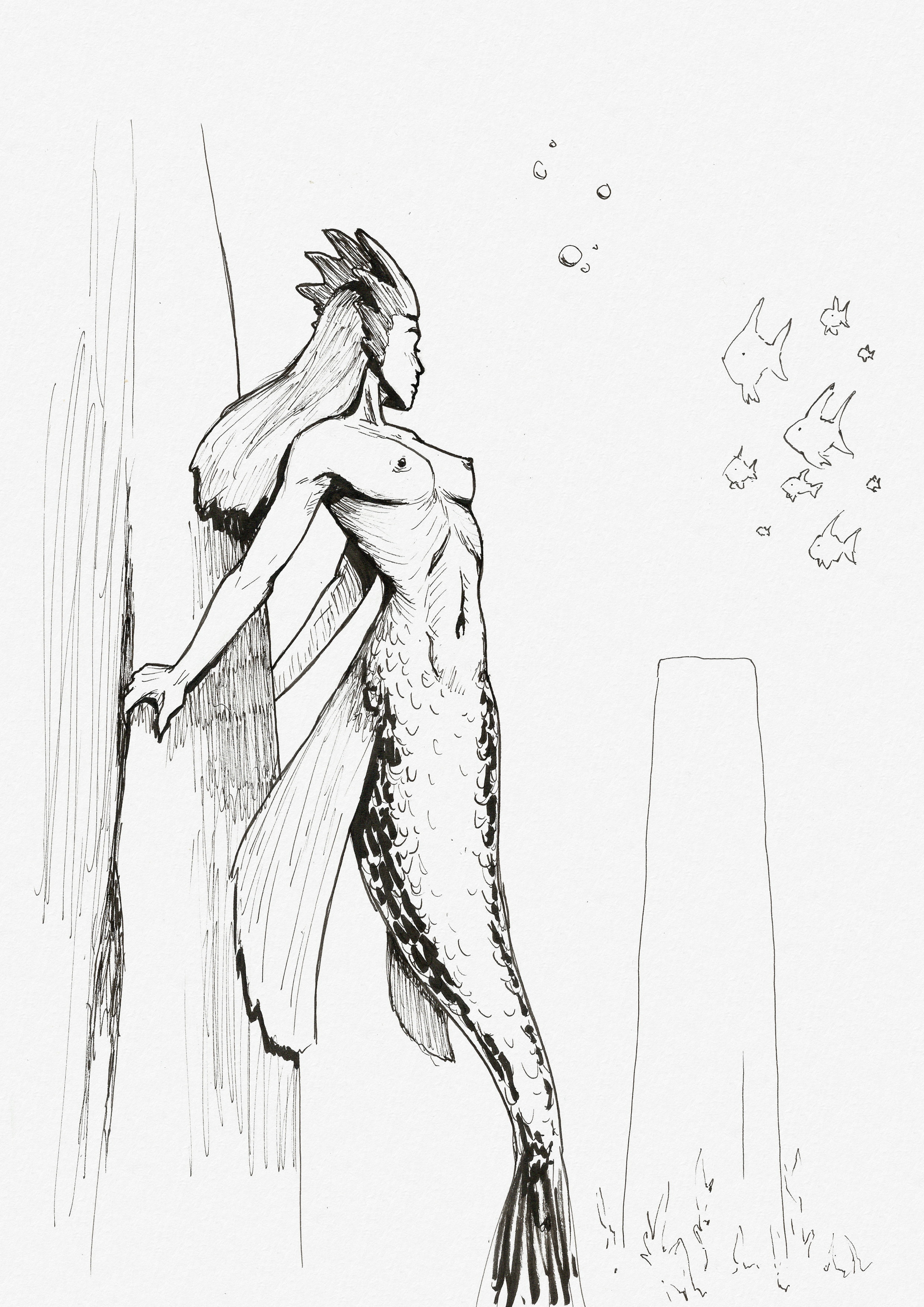 Ink drawing of a mermaid with a spiky crown on her head. She's looking away from the viewer at some fish and some kind of stone obelisk in the distance.