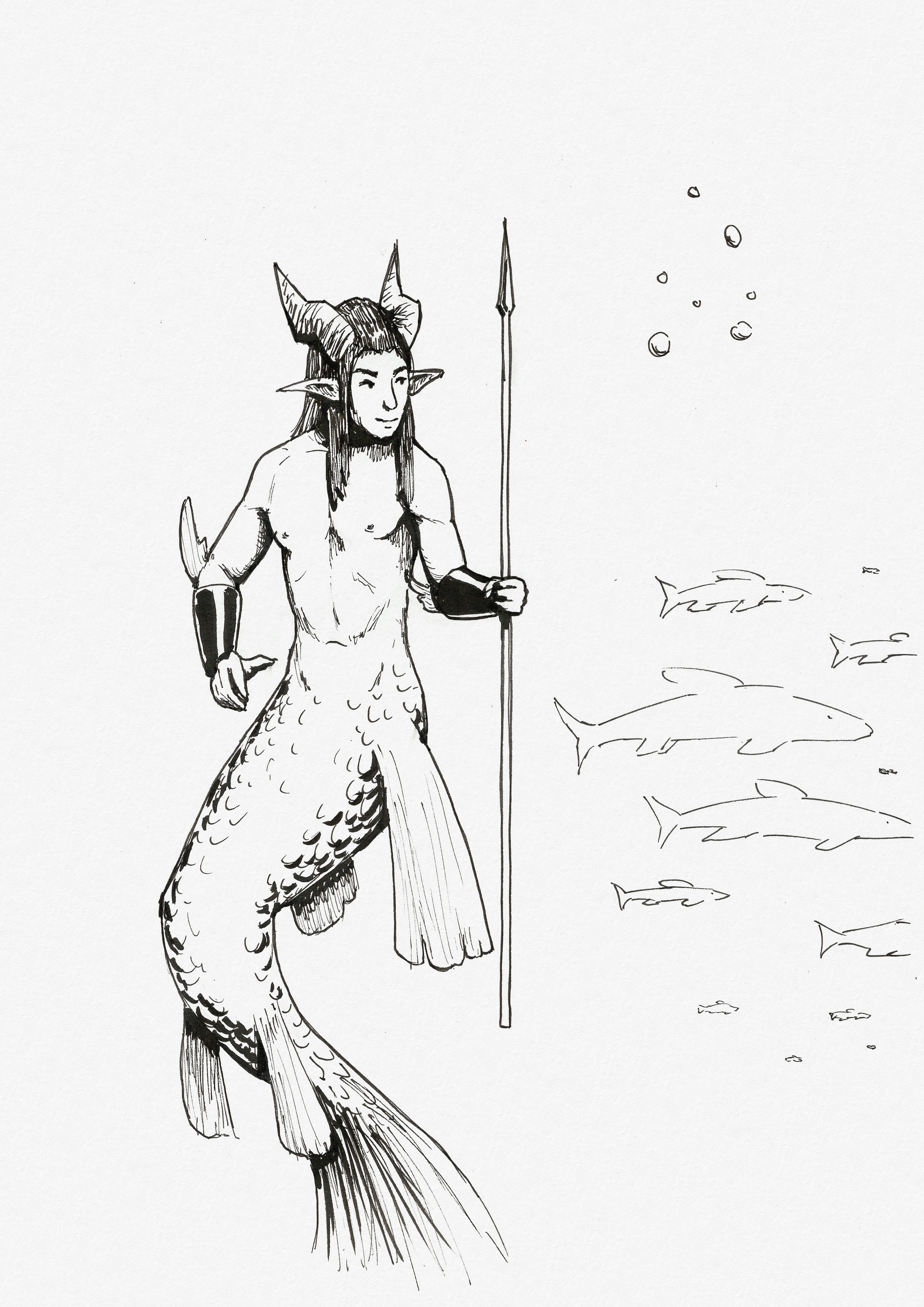 Ink drawing of a horned merman holding a spear and looking at a school of fish in the background.