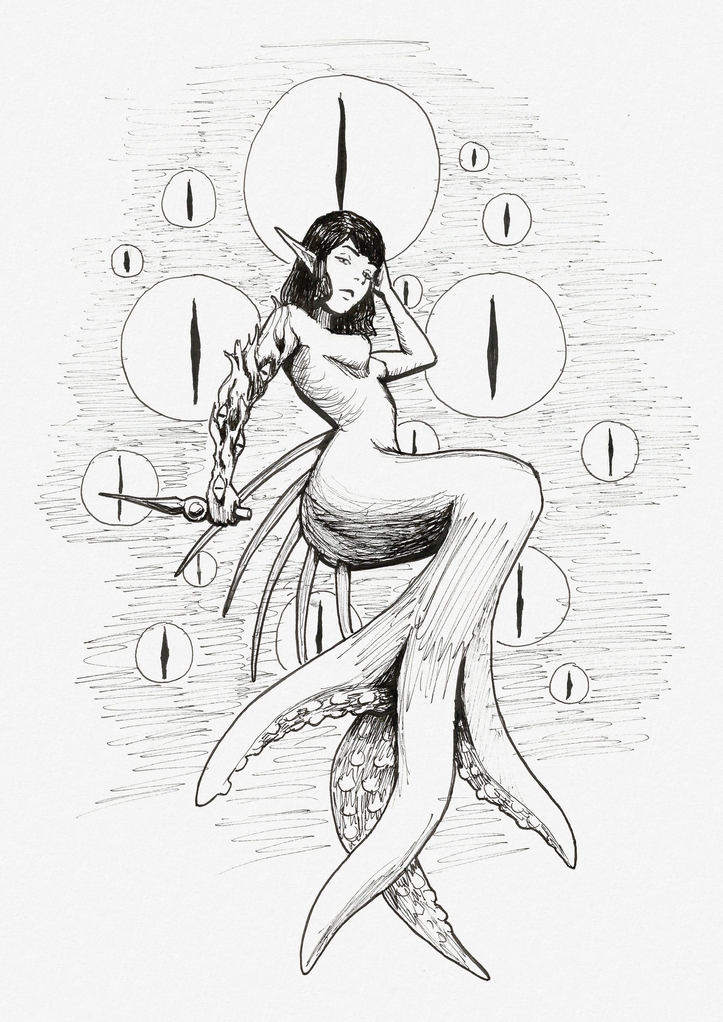 Ink drawing of a mermaid with octopus tentacles for a tail. She's holding a dagger, and the arm holding it is covered in strange tendrils and eyes. The background is full of snake-like eyeballs.