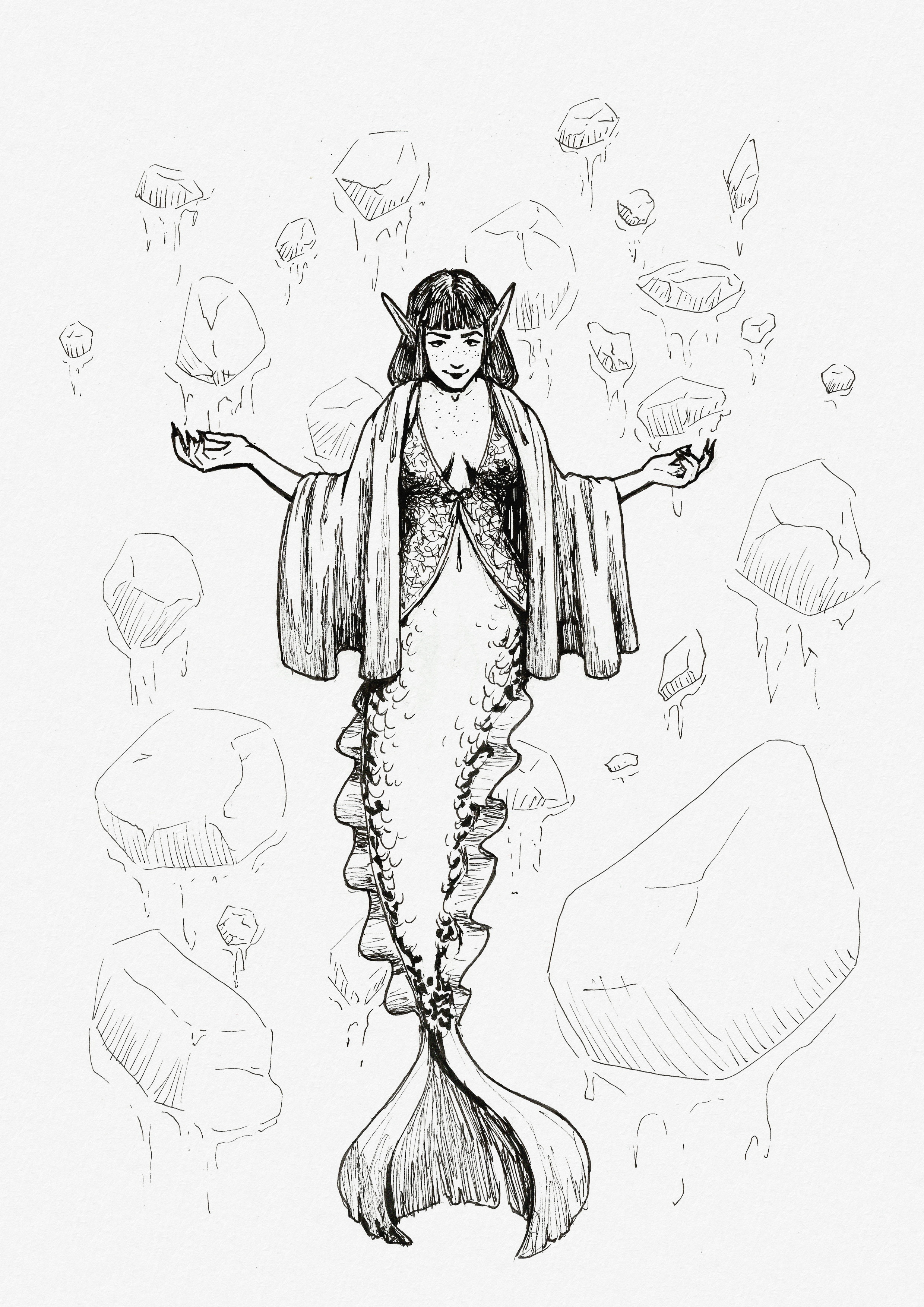 Ink drawing of a mermaid wearing a lace nightgown, with her arms spread out to the sides and a smirk on her face. Behind her lots of rocks are rising upward.