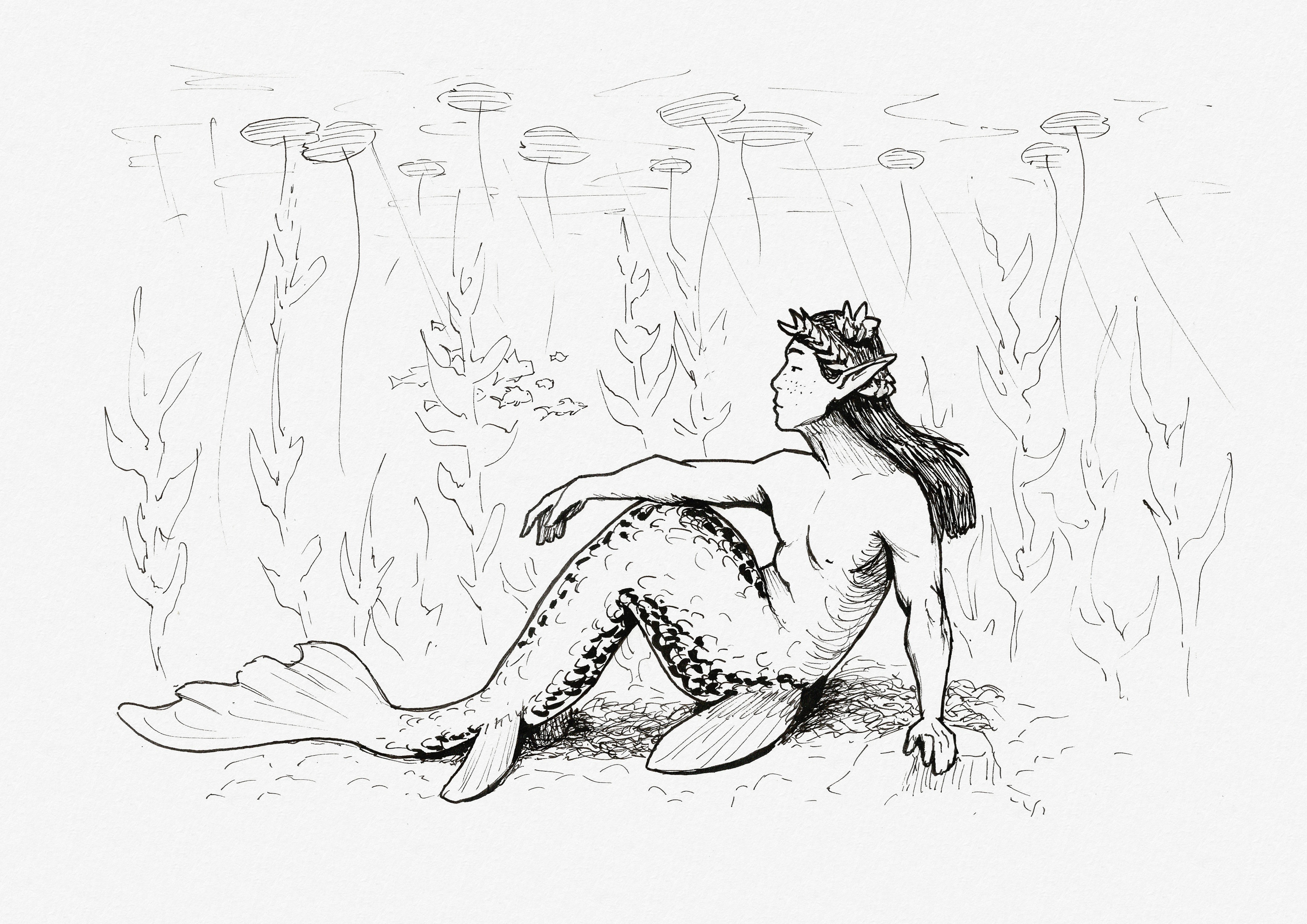 Ink drawing of a merman sitting relaxedly at the bottom of a shallow pond. You can see the water surface in the background with lily pads floating on it.